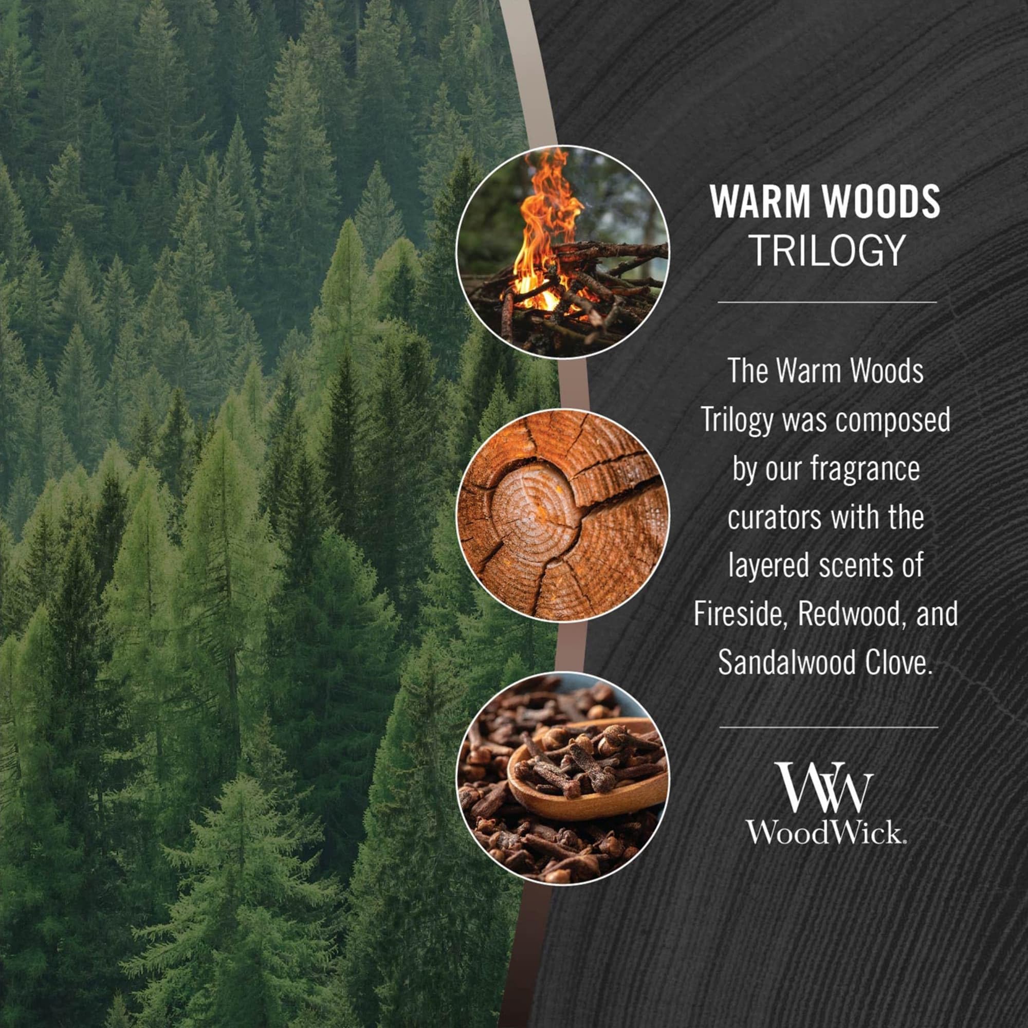 WoodWick Warm Woods Trilogy redwood ellipse reveals deep, woodsy layers ideal for cozy spaces