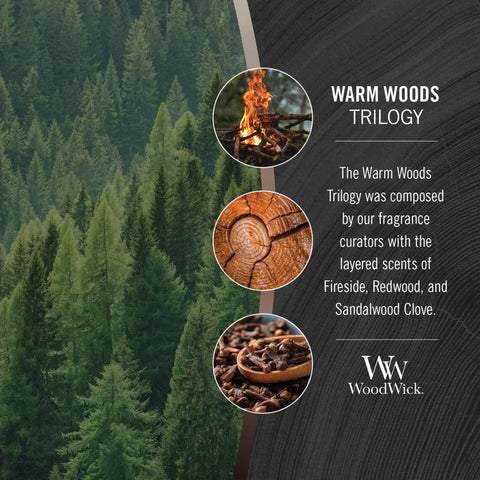 WoodWick Warm Woods Trilogy redwood ellipse reveals deep, woodsy layers ideal for cozy spaces