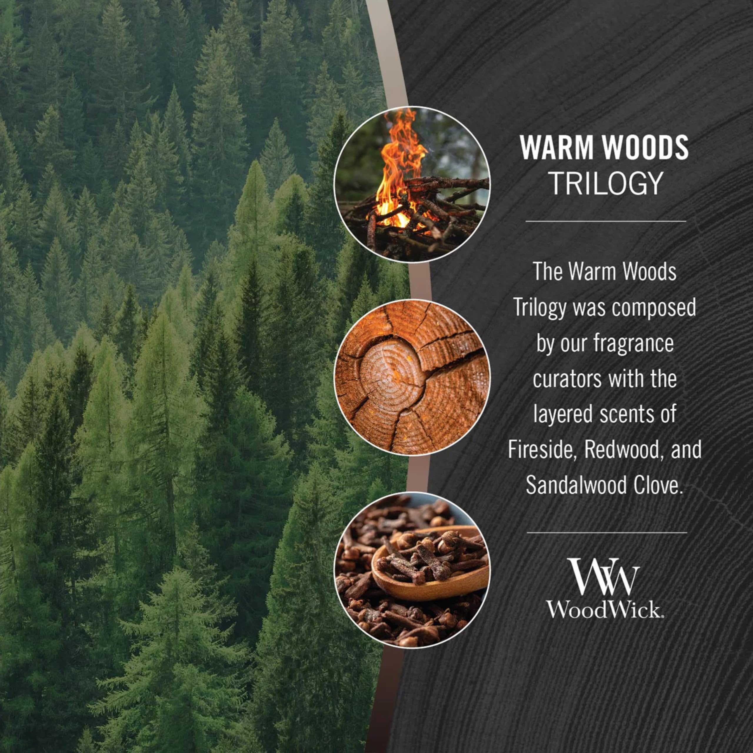 WoodWick Warm Woods Trilogy redwood sandalwood blend for depth