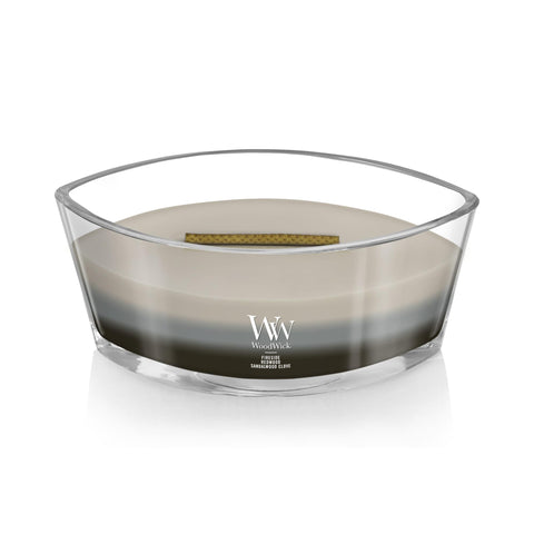 WoodWick Warm Woods Trilogy sandalwood clove ellipse delivers aromatic warmth and comforting ambiance