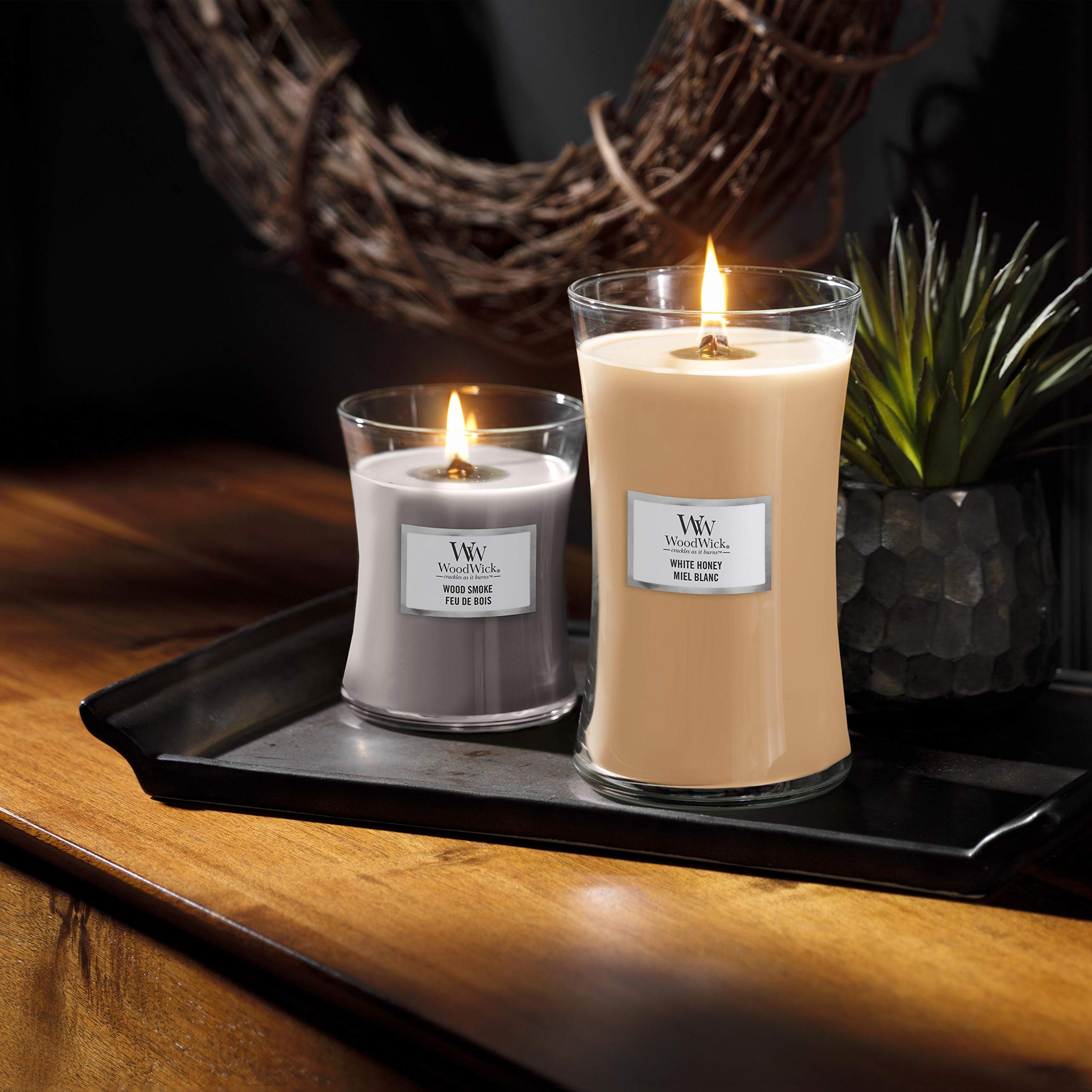 WoodWick Wood Smoke Hourglass Candle crackling wick close up for fireside atmosphere