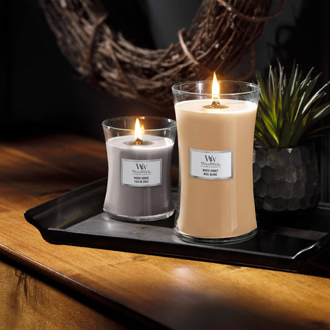 WoodWick Wood Smoke Hourglass Candle crackling wick close up for fireside atmosphere