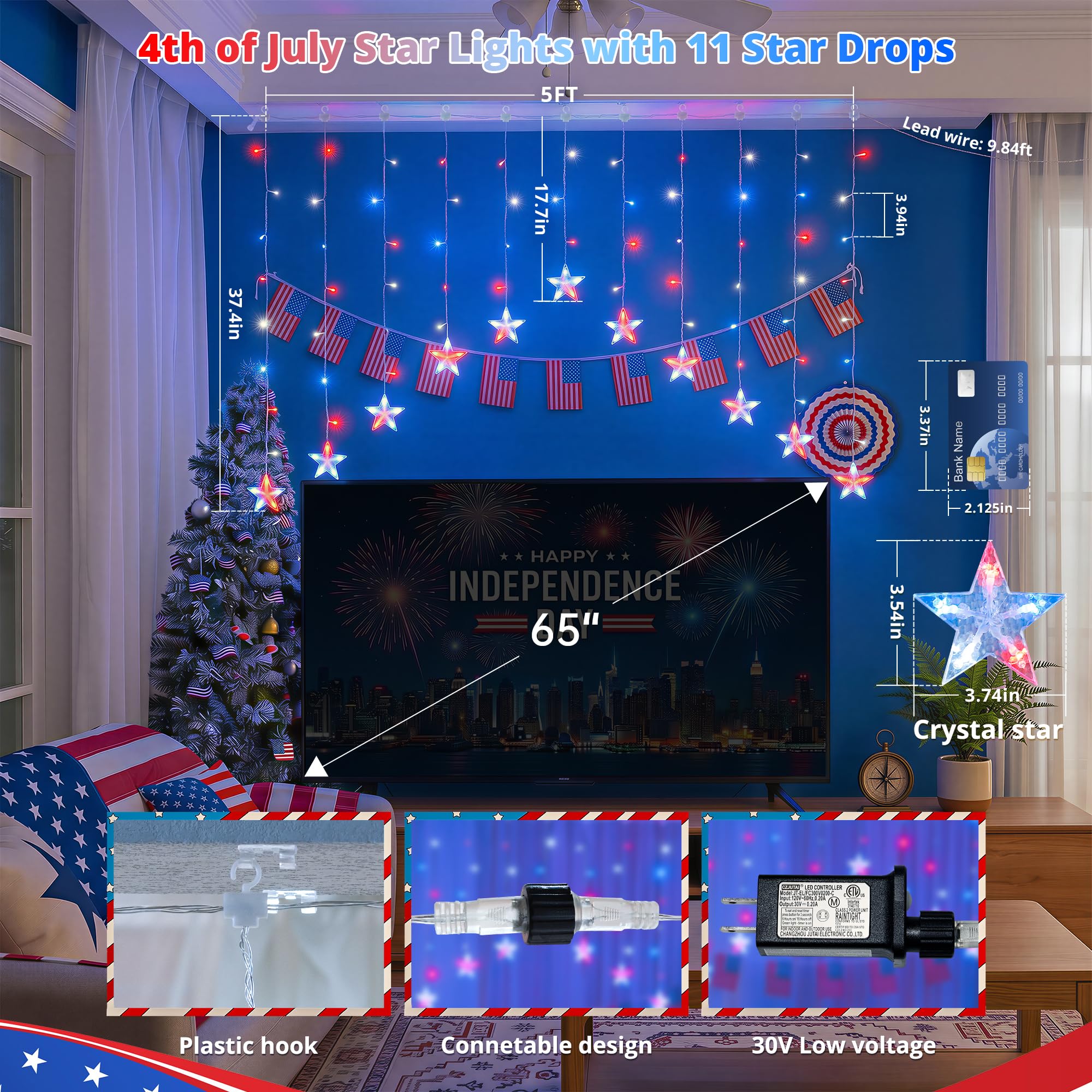 woohaha 118-led red white blue curtain lights provide bright festive illumination for outdoors.