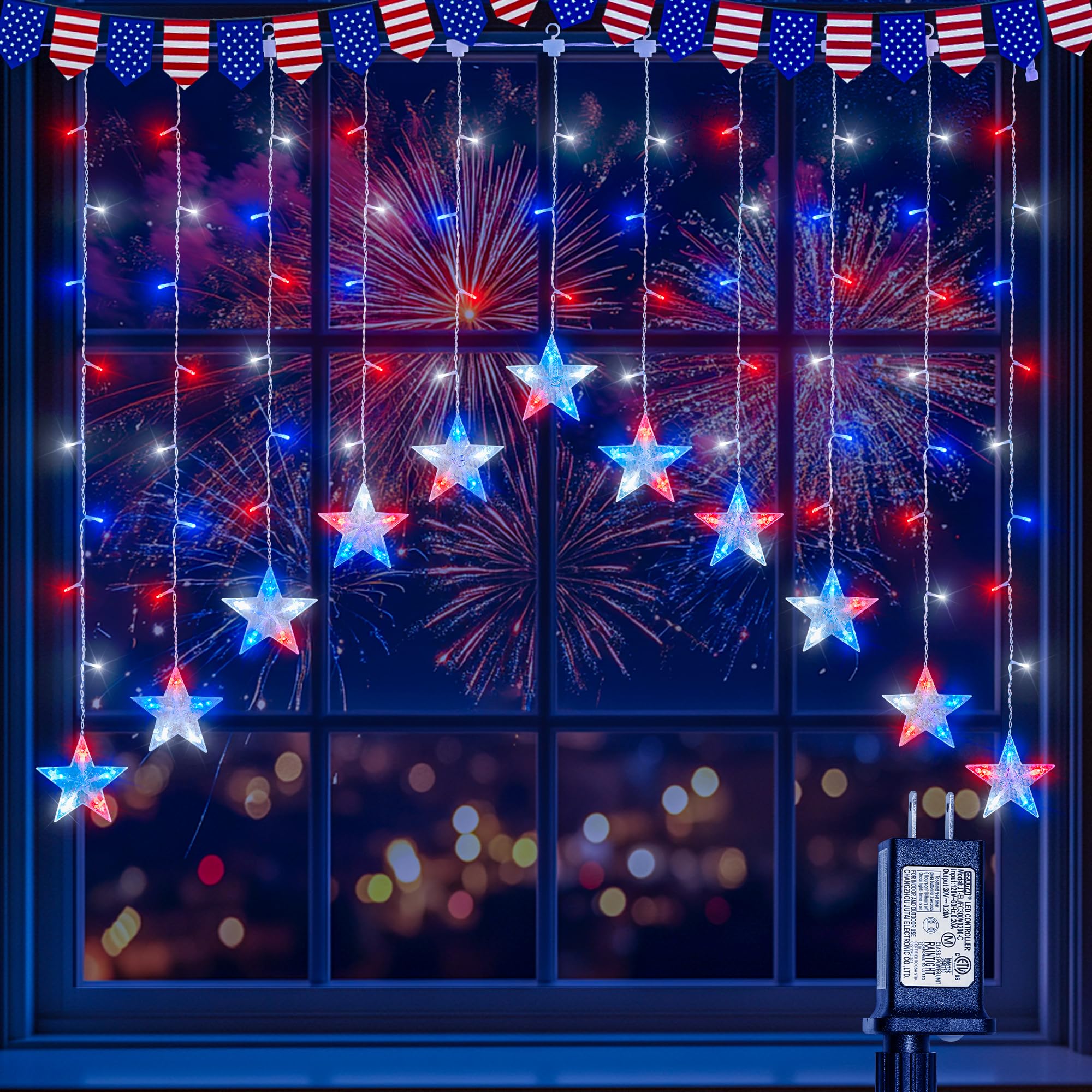 woohaha fourth of july star icicle lights front view creates a patriotic window display.