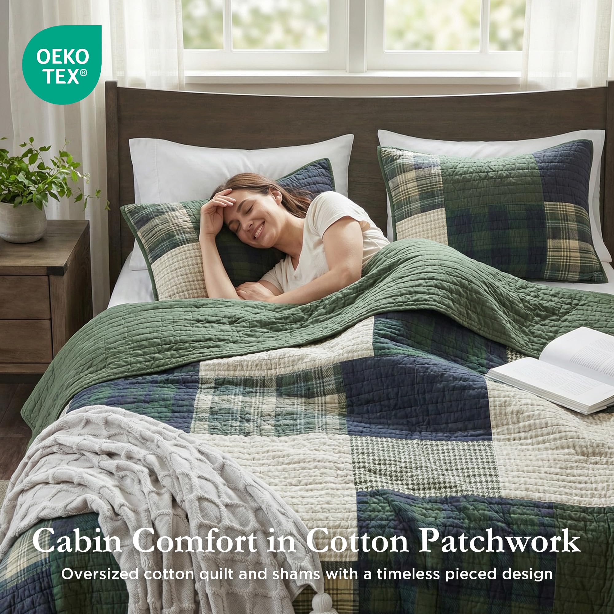 Woolrich Mill Creek quilt reverses to solid green for two looks.