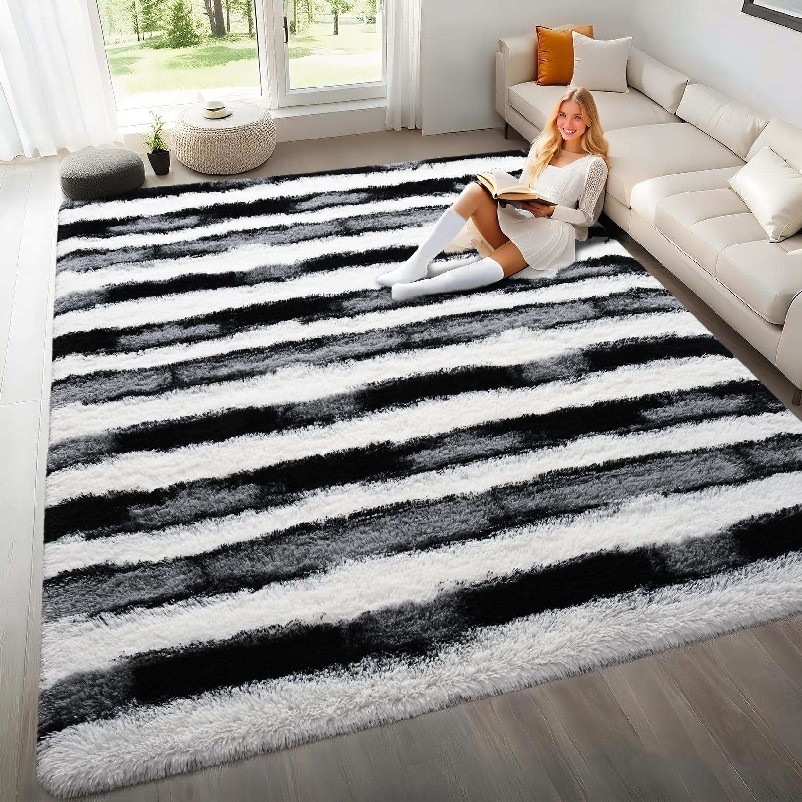 Woottpe 4x6 feet rug in black and white creates a cozy living room atmosphere