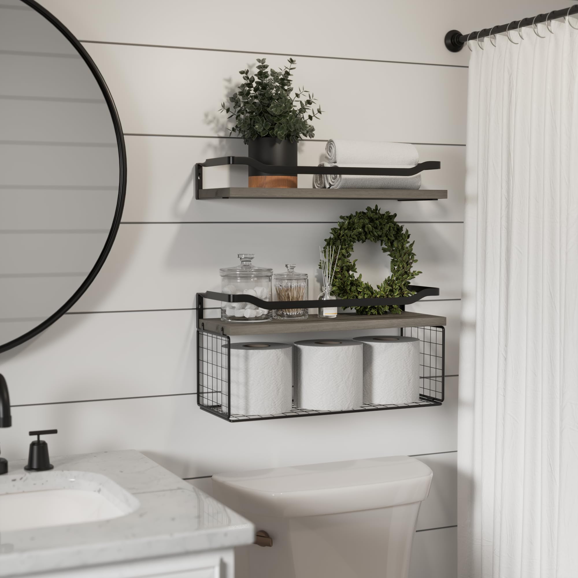 WOPITUES bathroom shelves with guardrail keep items secure and organized.