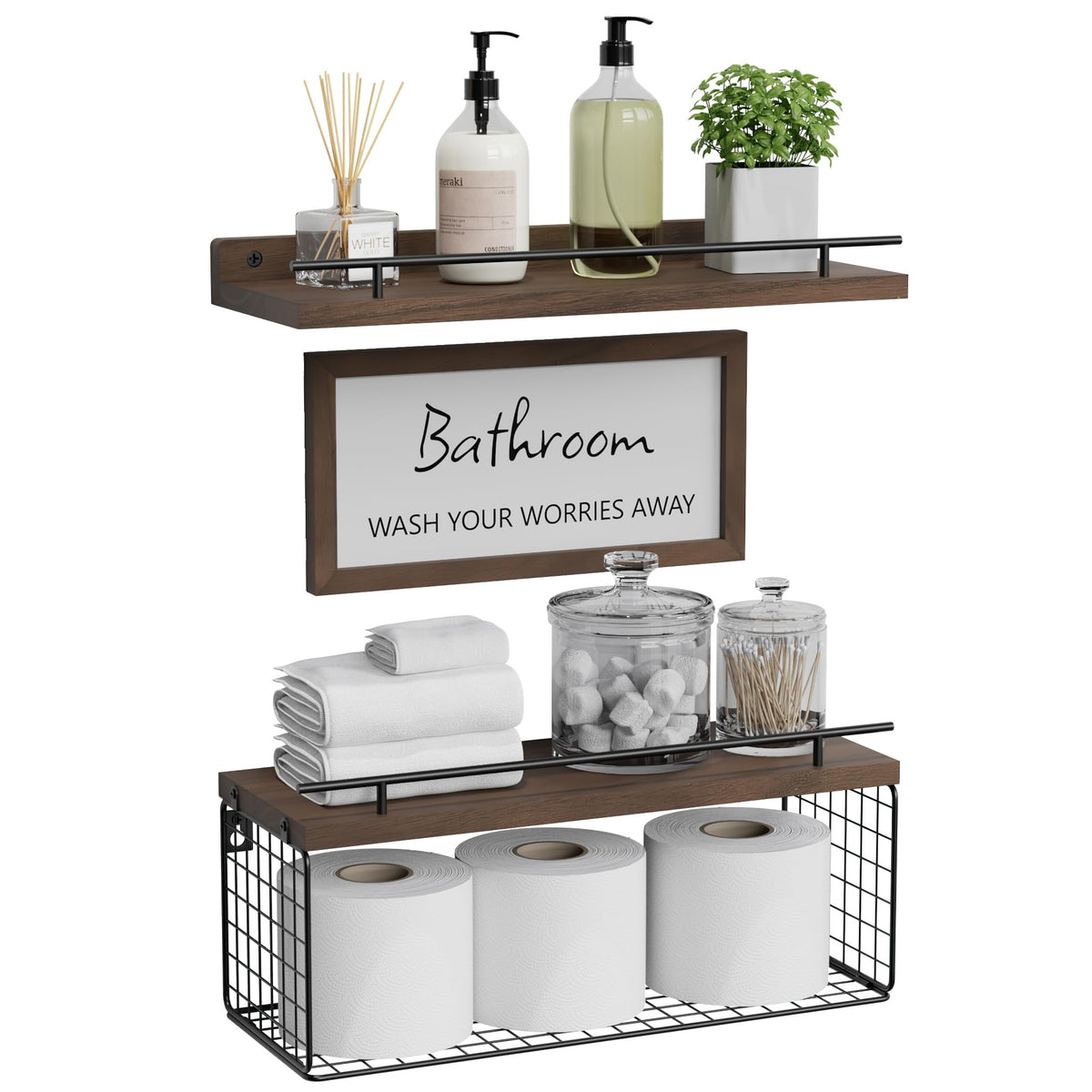 WOPITUES bathroom wall sign with rustic brown finish enhances farmhouse style.