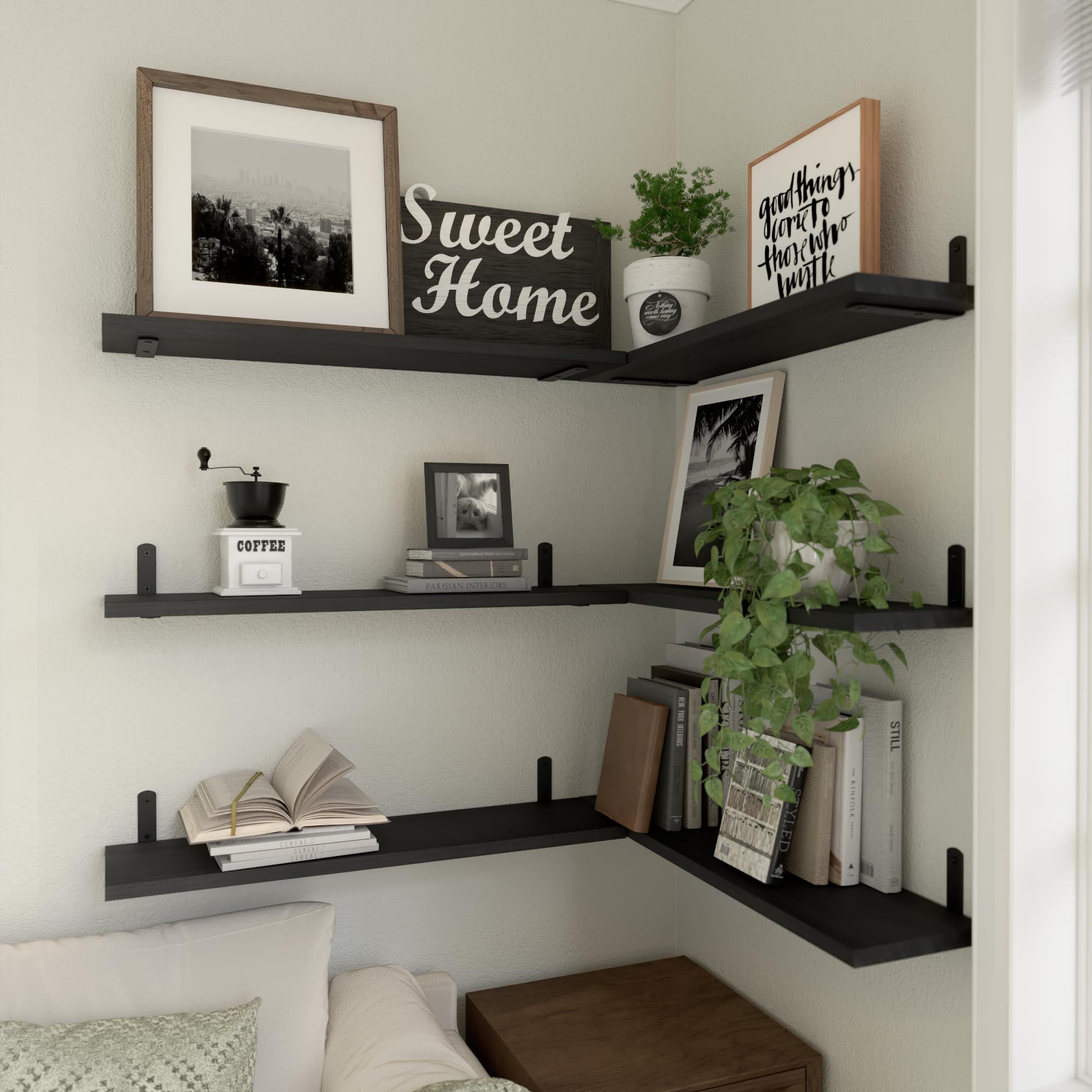 WOPITUES corner wall shelf fits tight spots while displaying decor.
