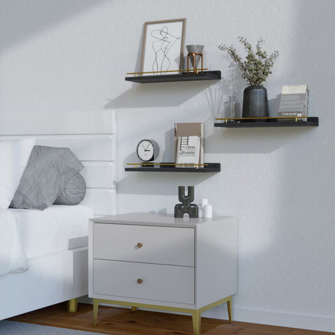 WOPITUES display of plants and books on black shelves with gold guardrail