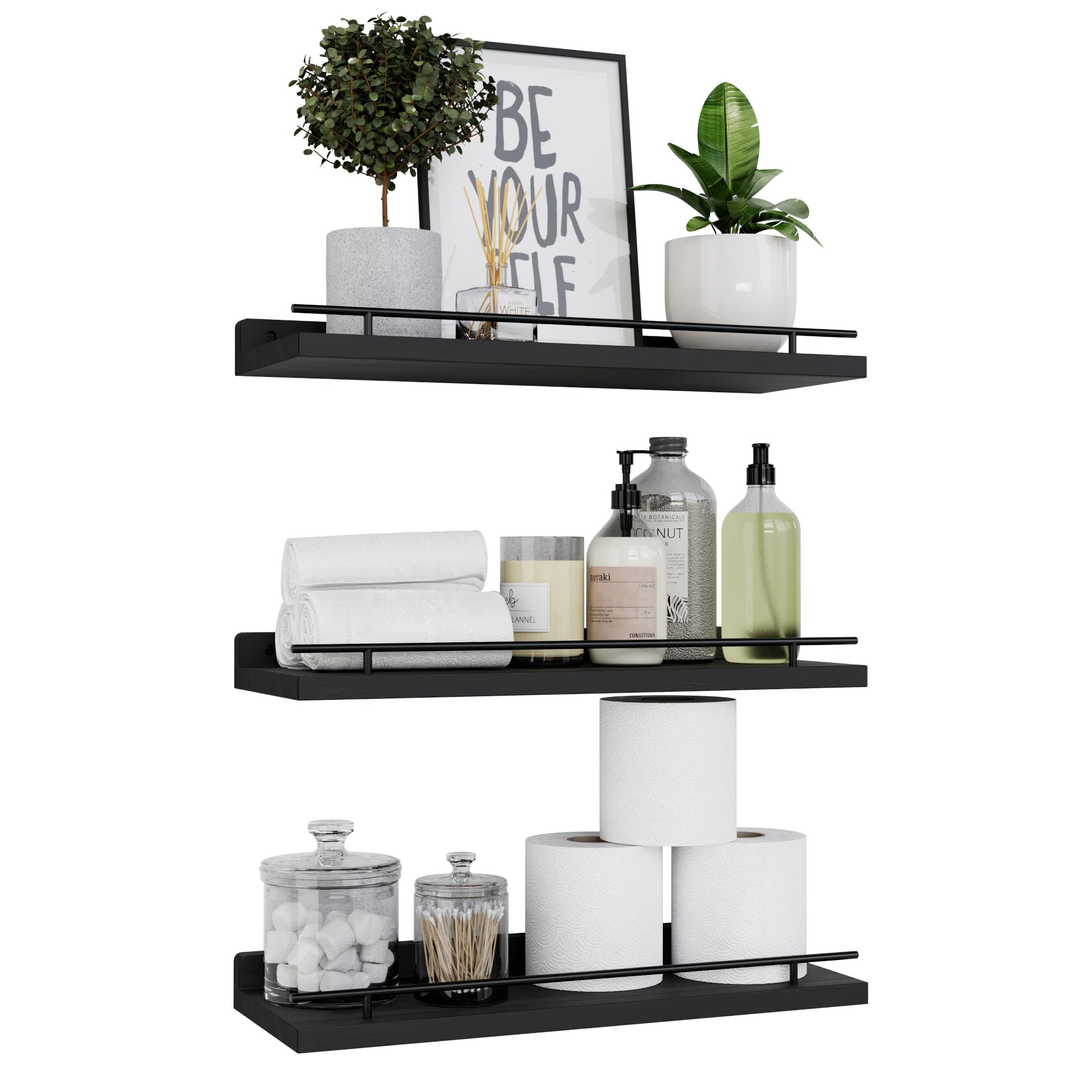 WOPITUES floating shelves with black guardrail on wall for secure display
