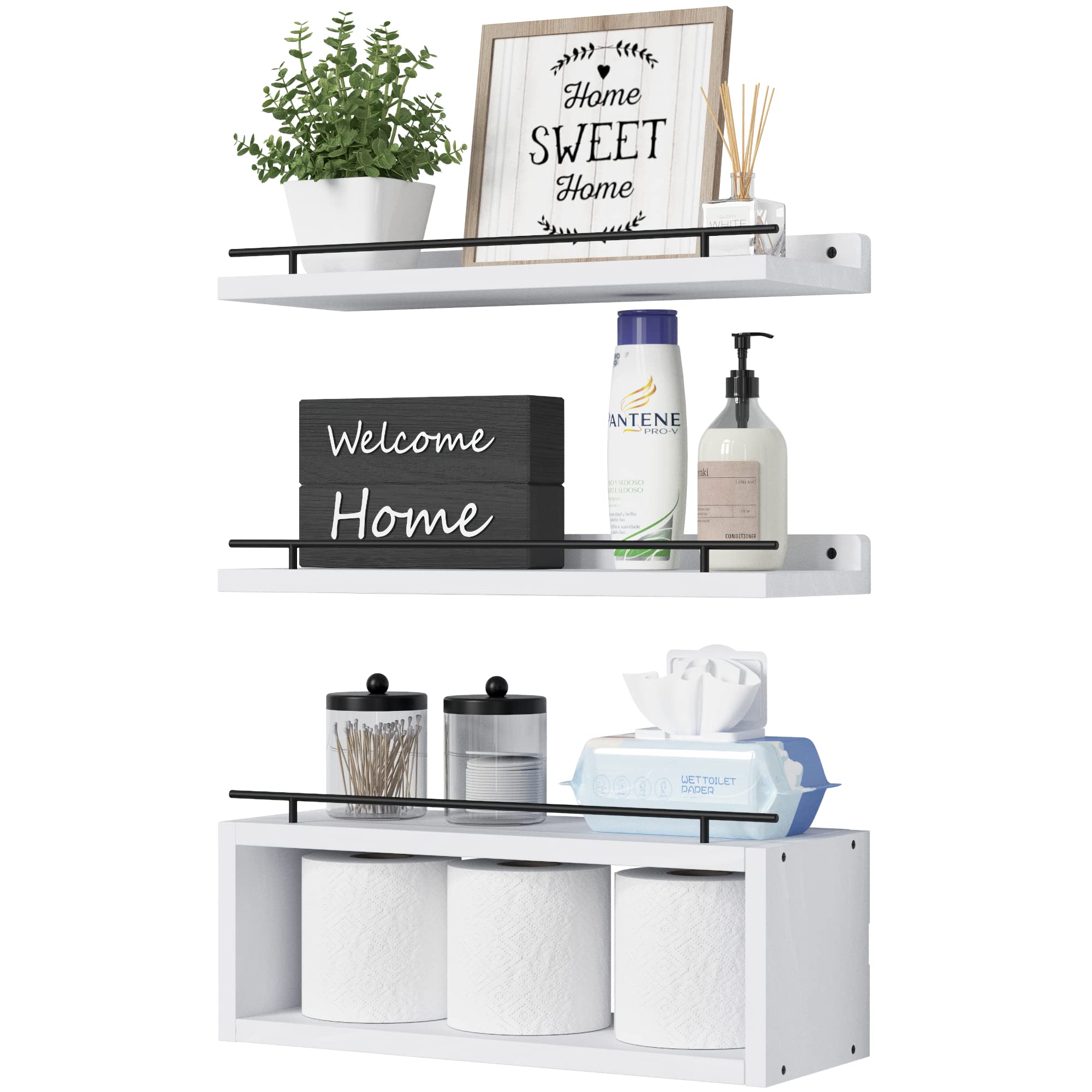 WOPITUES floating shelves with cube shelf in white finish for organized storage.