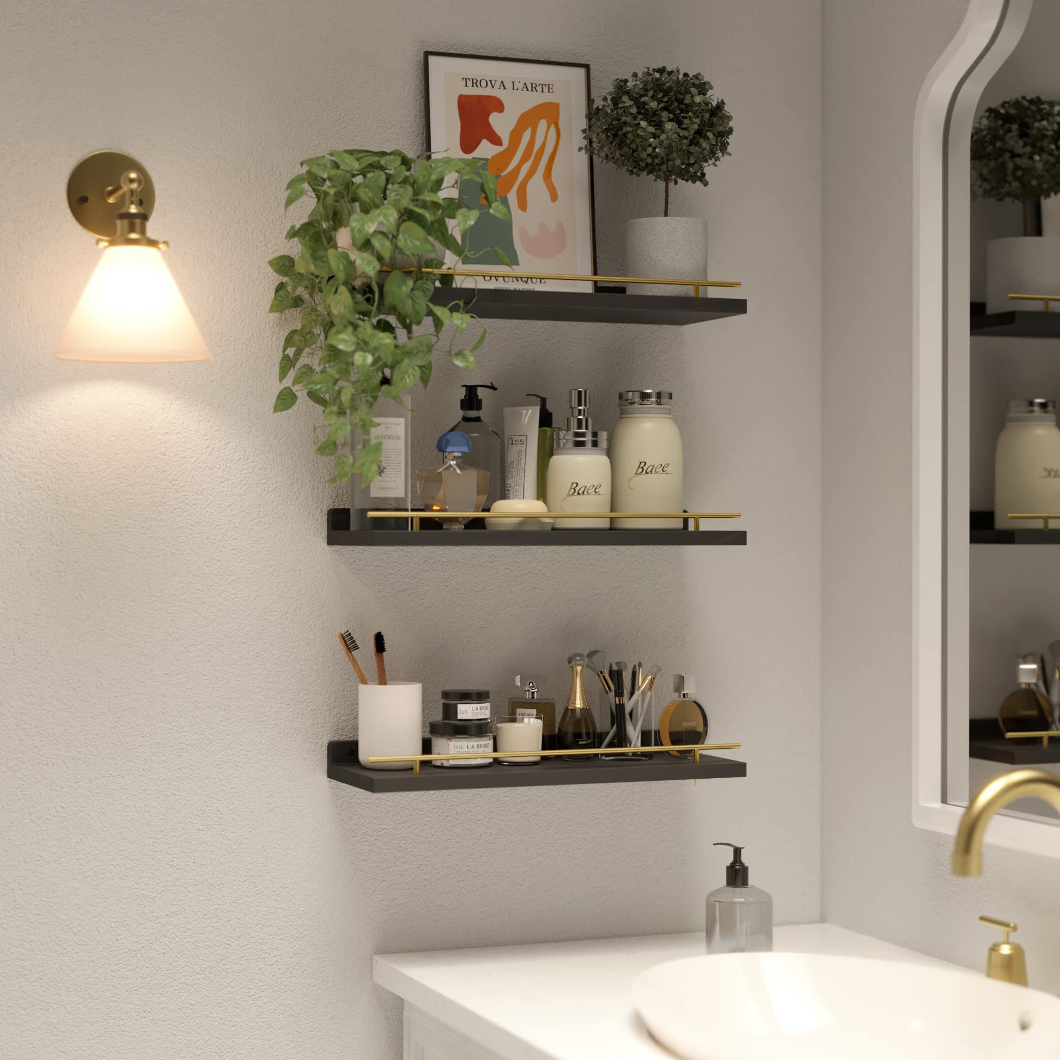WOPITUES close-up of gold guardrail on black shelves, rust-resistant edge protection