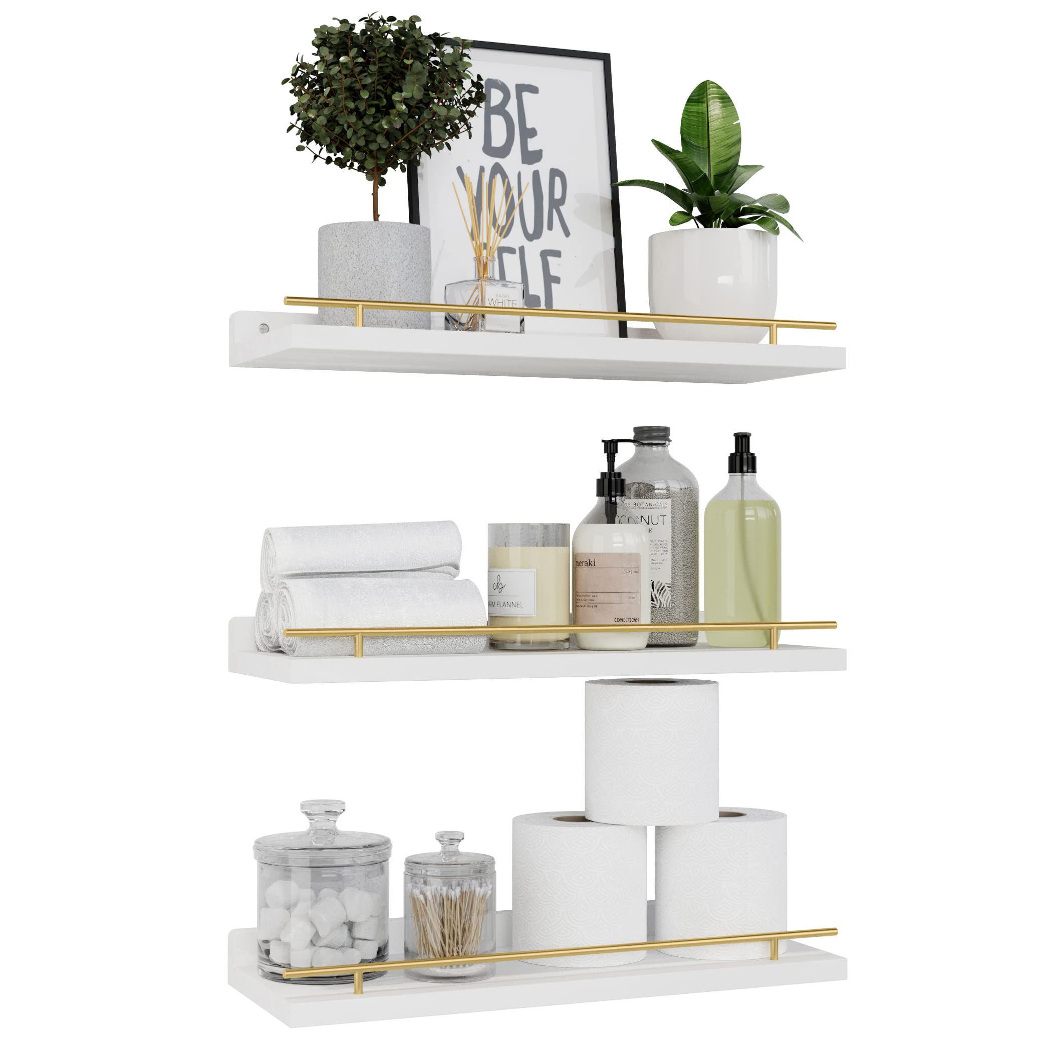 WOPITUES floating shelves with gold guardrail display stylish decor while preventing items from sliding off