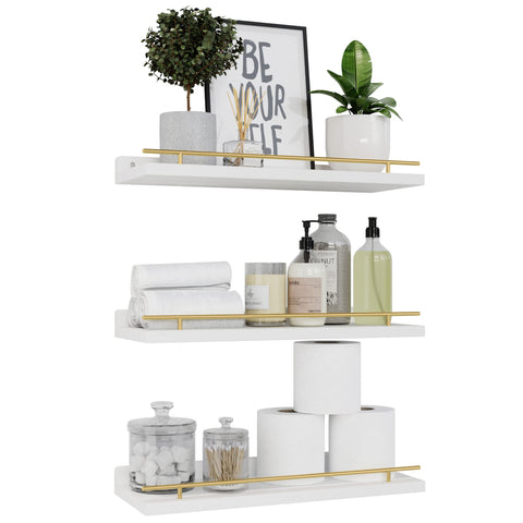 WOPITUES floating shelves with gold guardrail display stylish decor while preventing items from sliding off