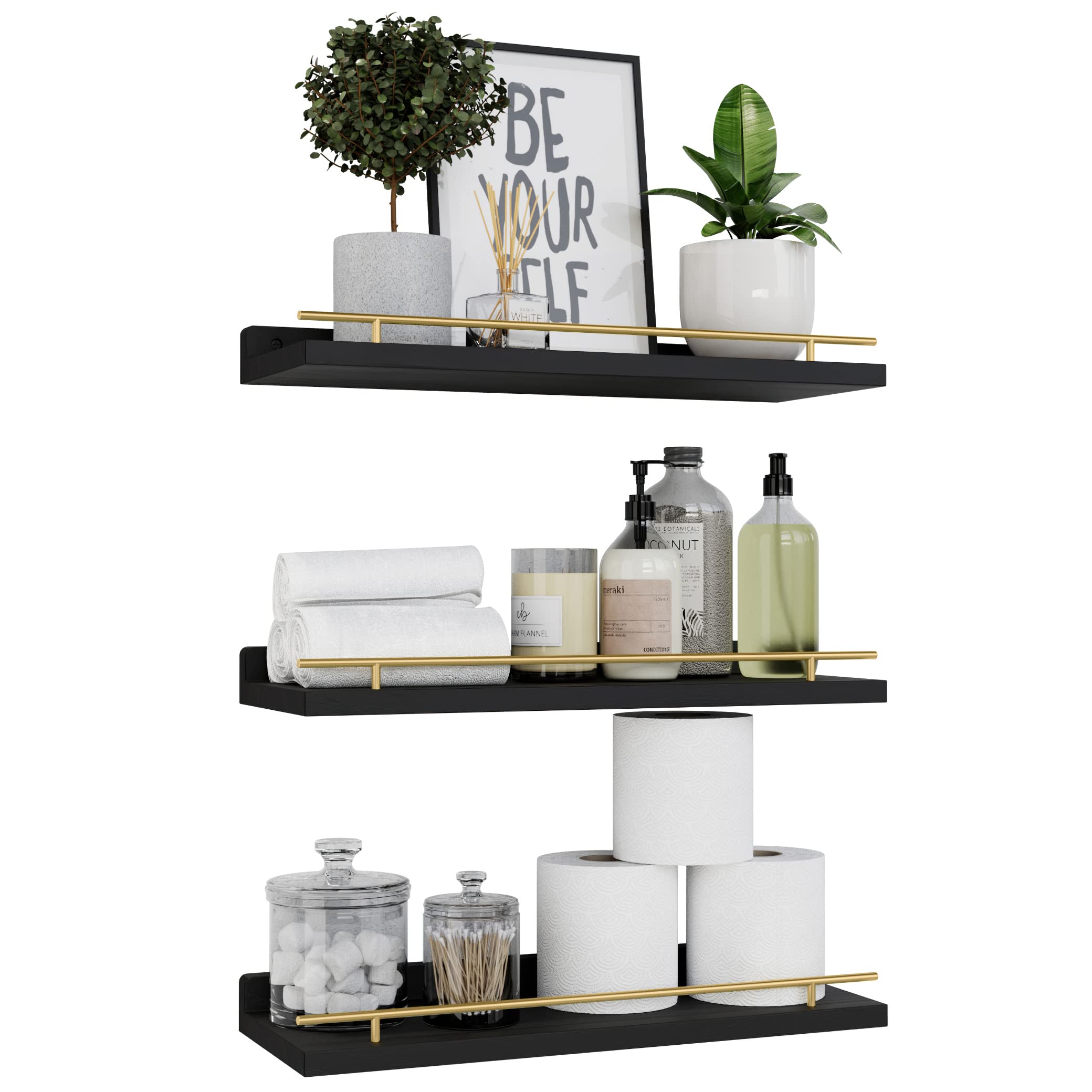 WOPITUES floating shelves with gold guardrail, front view, ideal for stylish wall storage