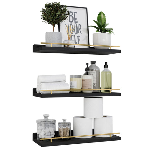 WOPITUES floating shelves with gold guardrail, front view, ideal for stylish wall storage