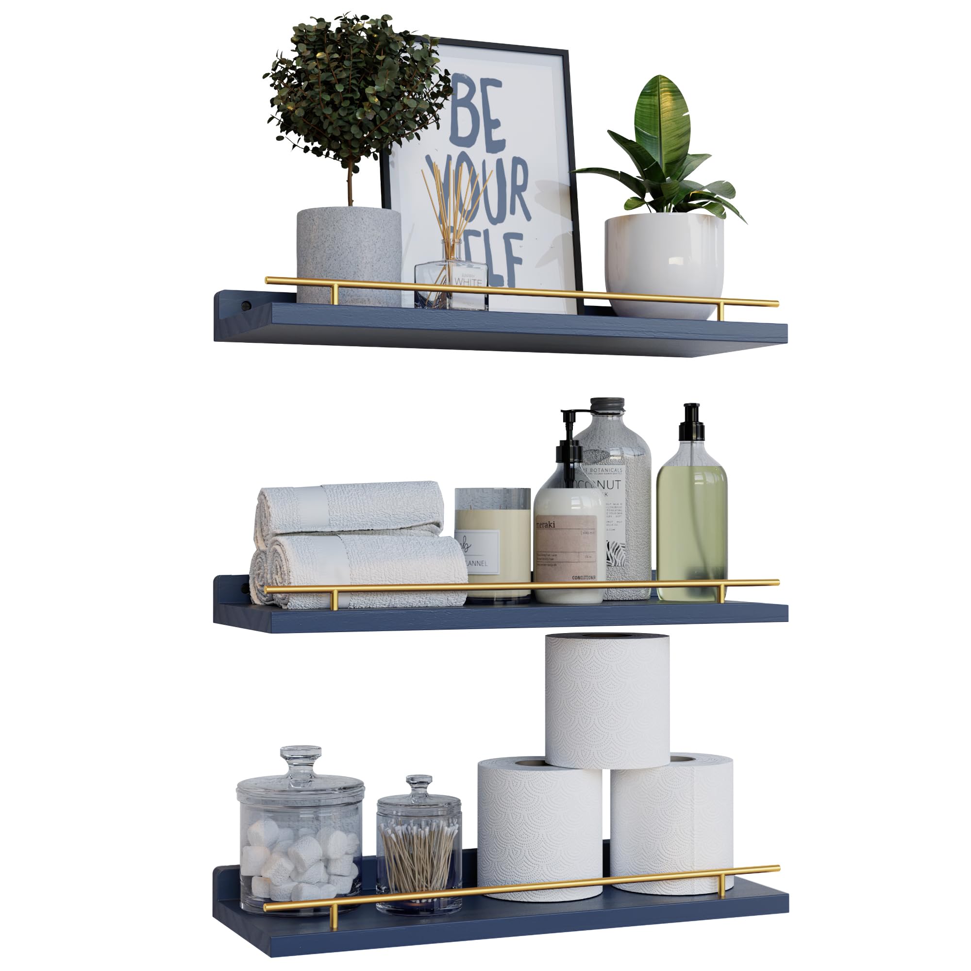 WOPITUES navy blue floating shelf with gold guardrail for stylish wall storage