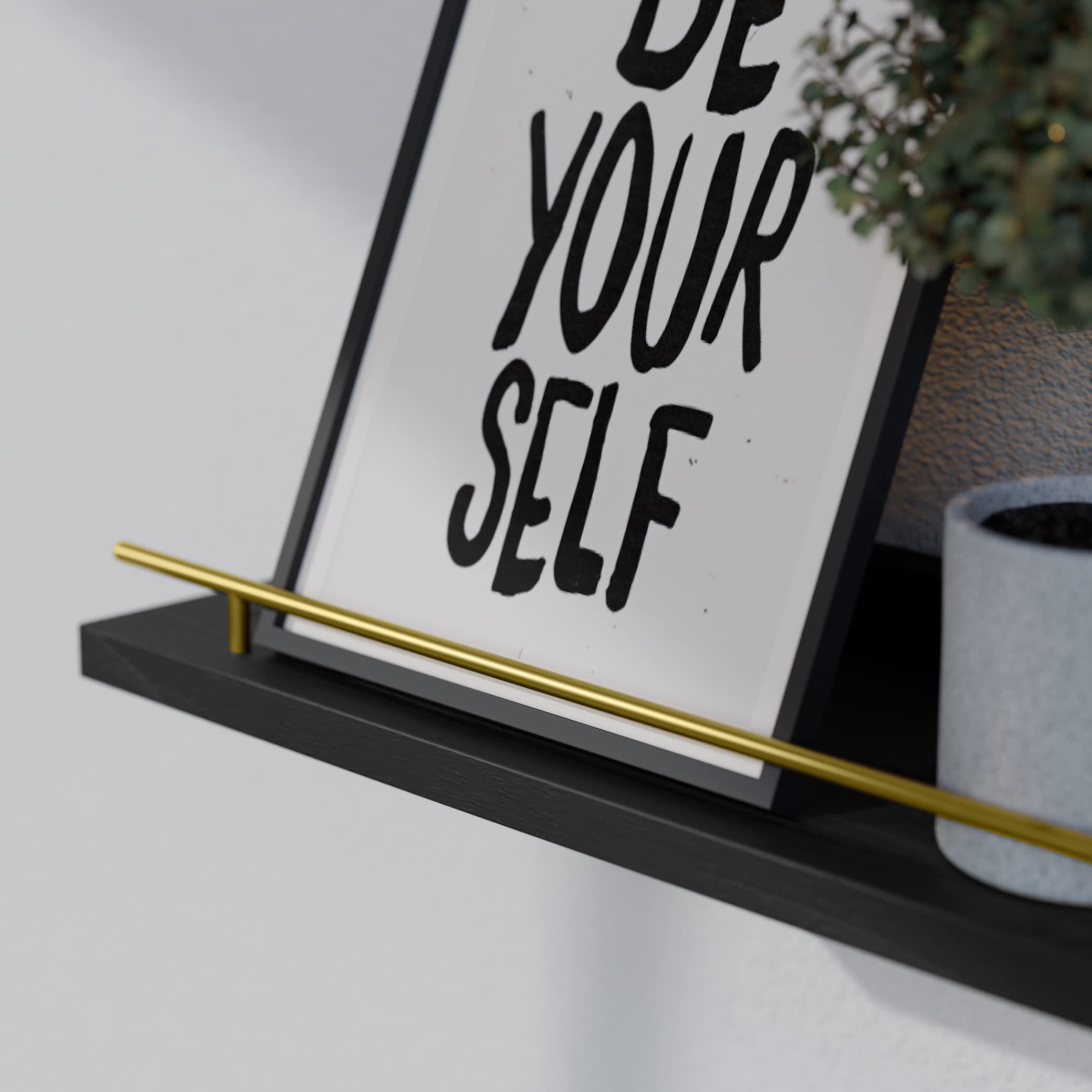 WOPITUES floating shelves with gold guardrail, side view, sturdy multi-use display