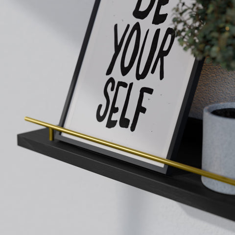 WOPITUES floating shelves with gold guardrail, side view, sturdy multi-use display