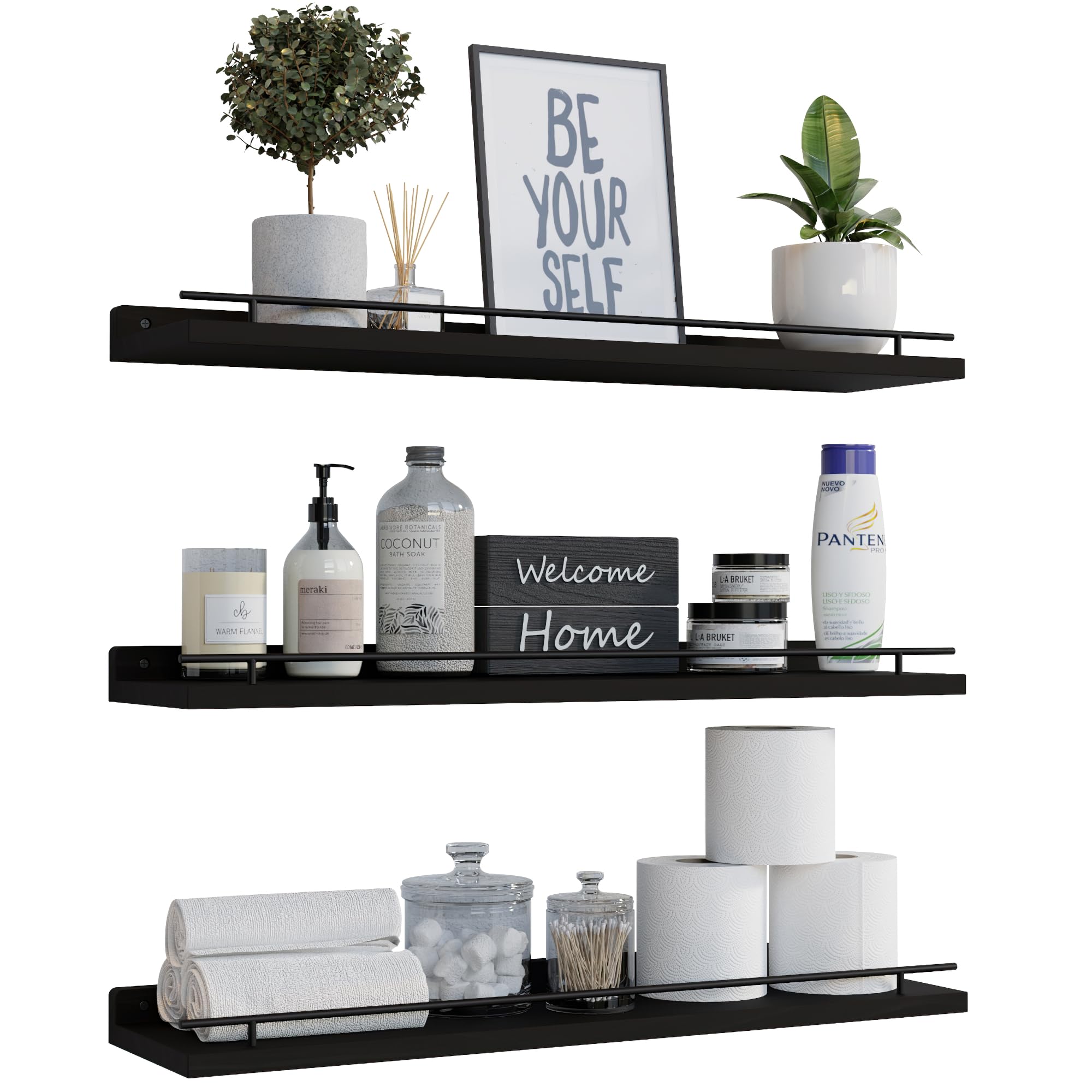 WOPITUES floating shelves with gold guardrail securely hold bathroom essentials