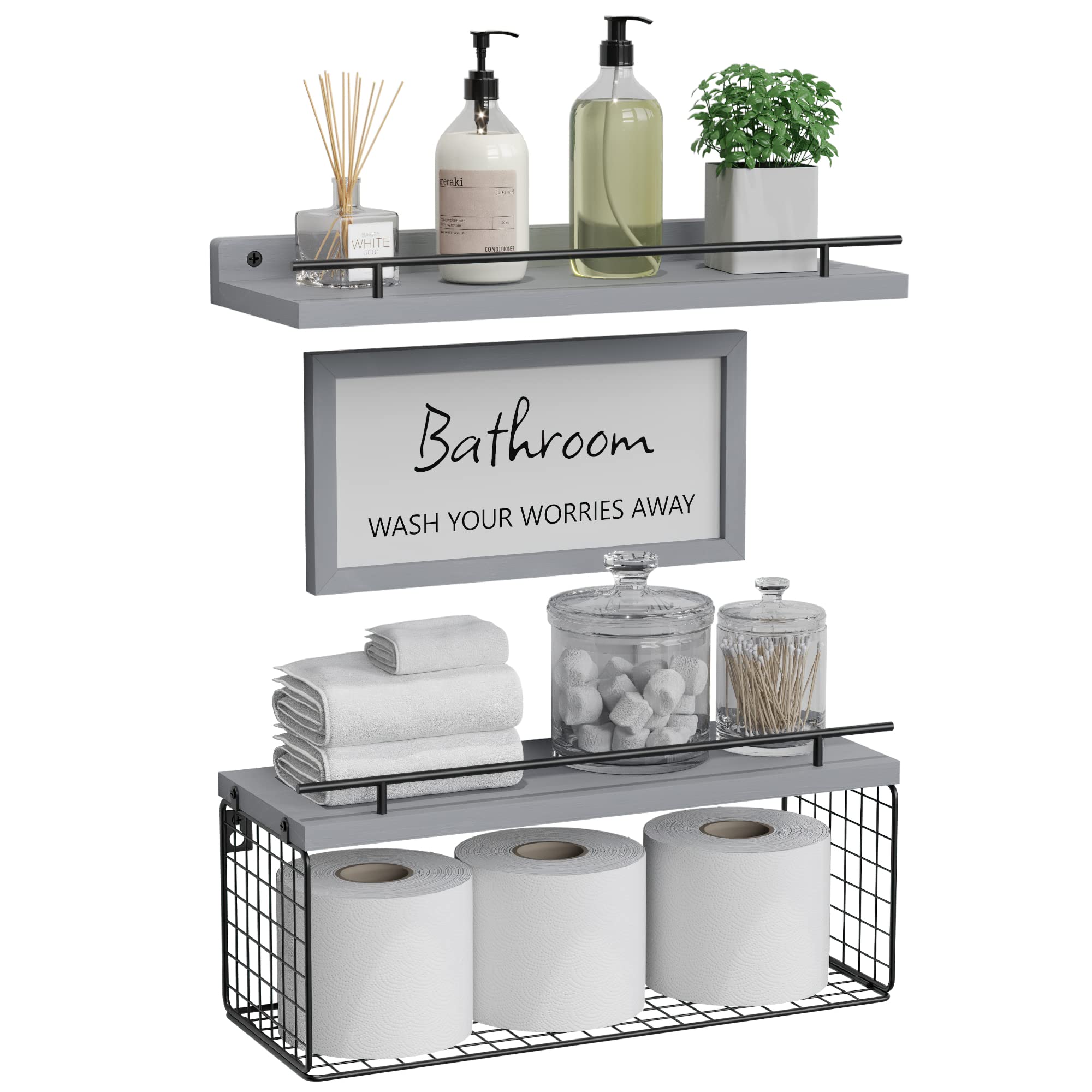 WOPITUES floating shelves with guardrail secure bathroom items