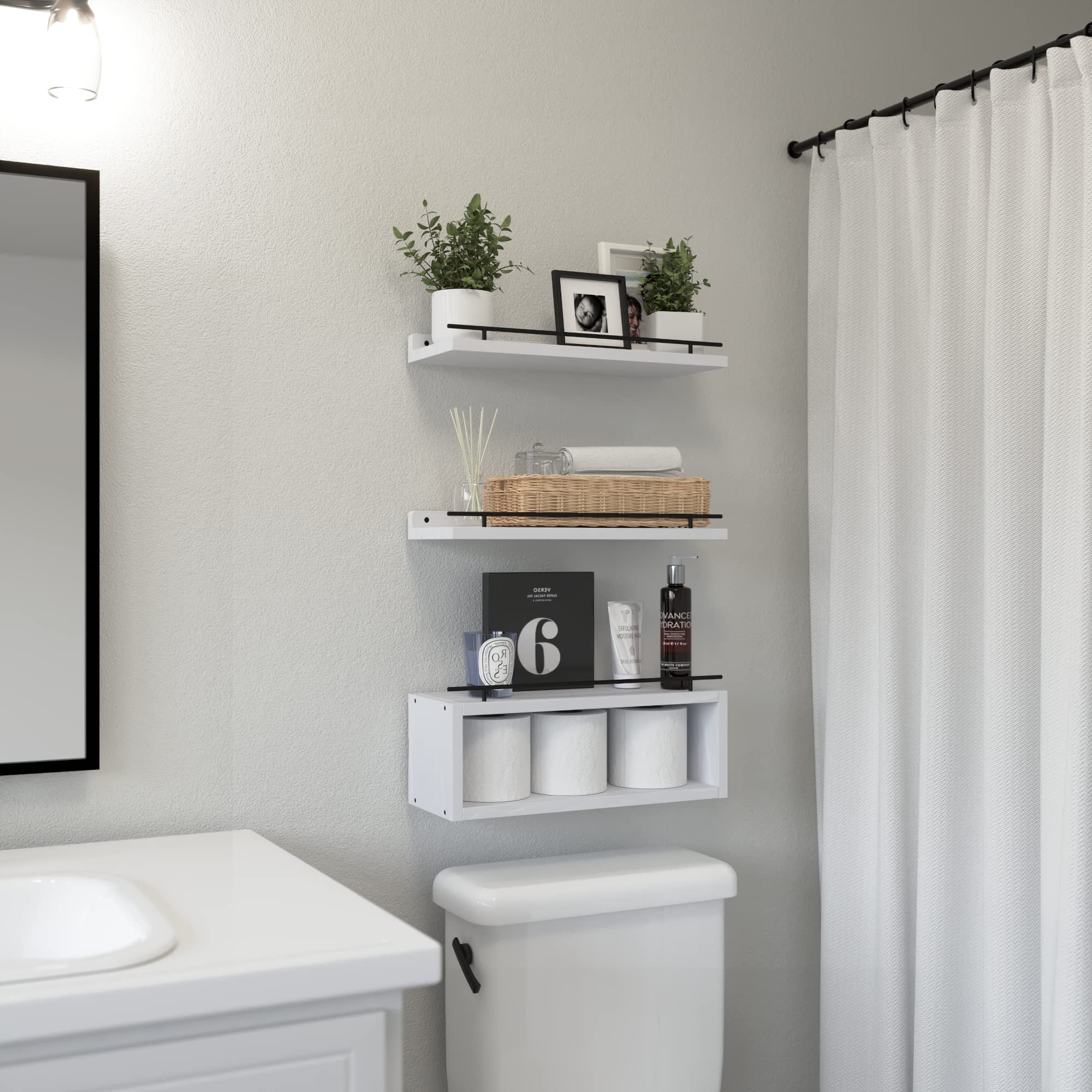 WOPITUES floating shelves with metal rails closeup show secure storage for bathroom items.