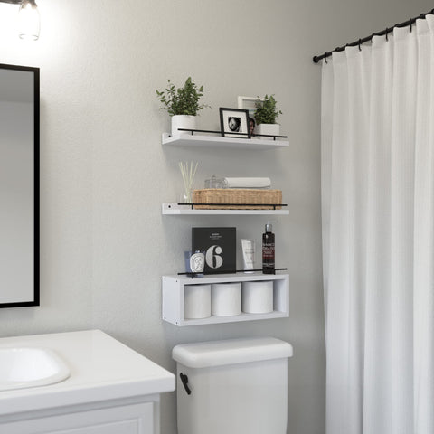 WOPITUES floating shelves with metal rails closeup show secure storage for bathroom items.