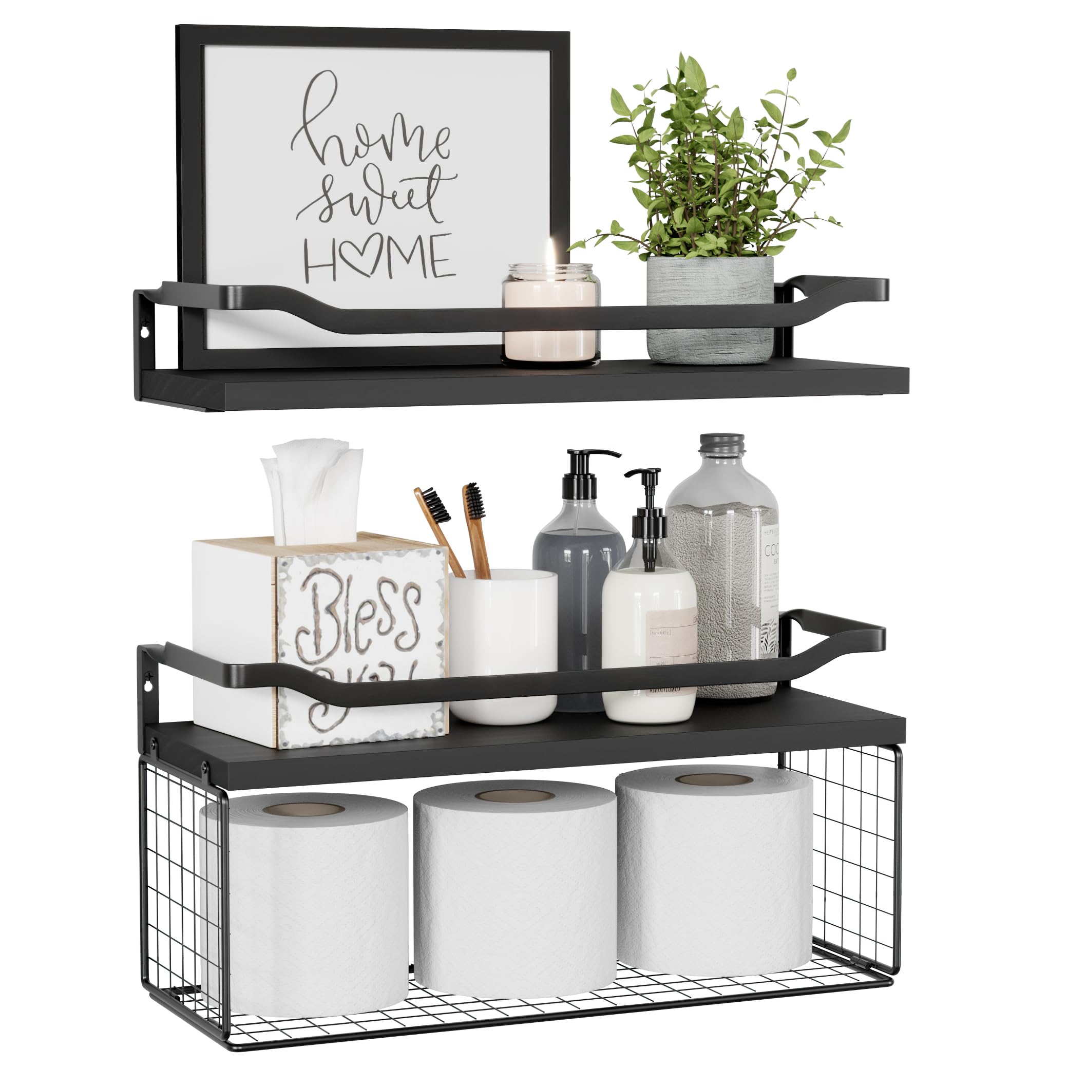 WOPITUES floating shelves over toilet with basket for easy toilet paper access