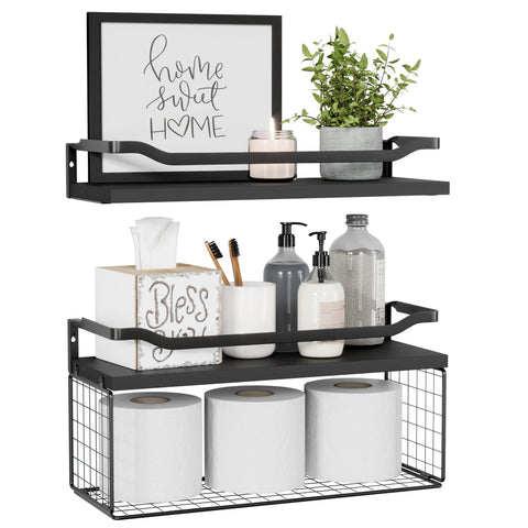 WOPITUES floating shelves over toilet with basket for easy toilet paper access