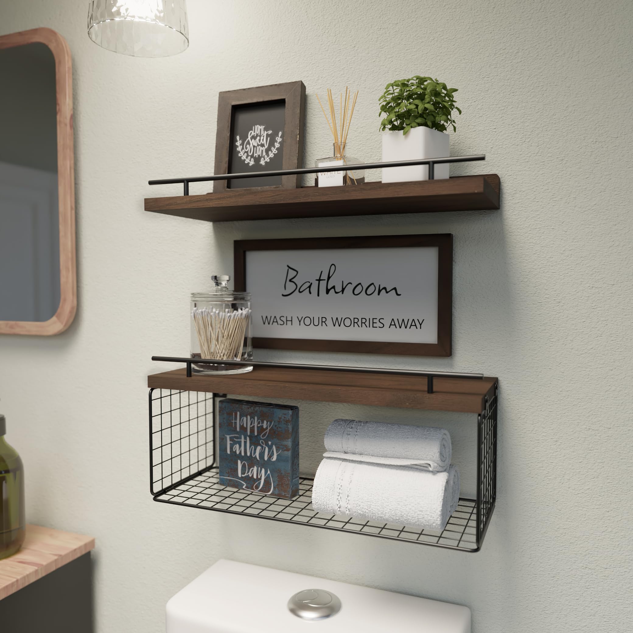 WOPITUES floating shelves with guardrail provide secure storage in compact spaces.