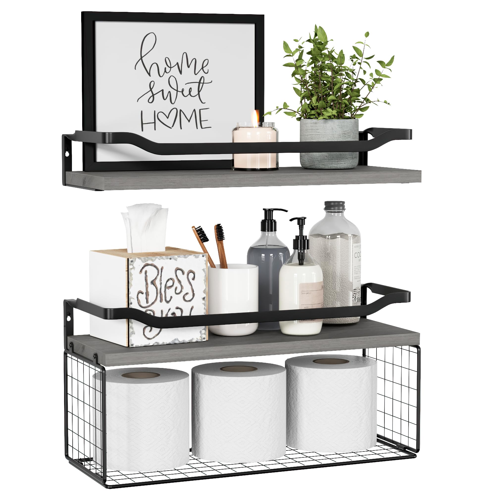WOPITUES floating shelves with wire basket over toilet for easy access to toilet paper.