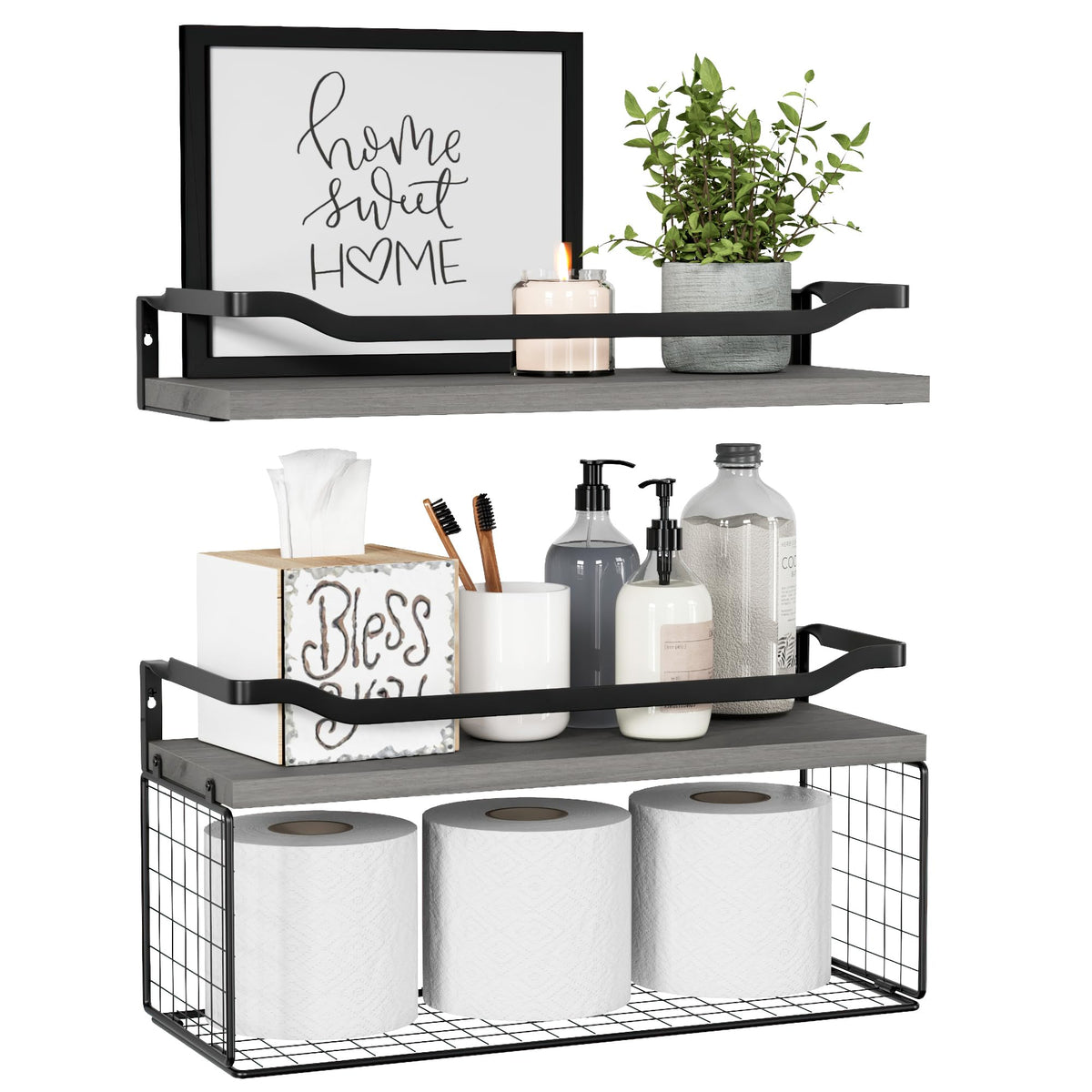 WOPITUES floating shelves with wire basket over toilet for easy access to toilet paper.