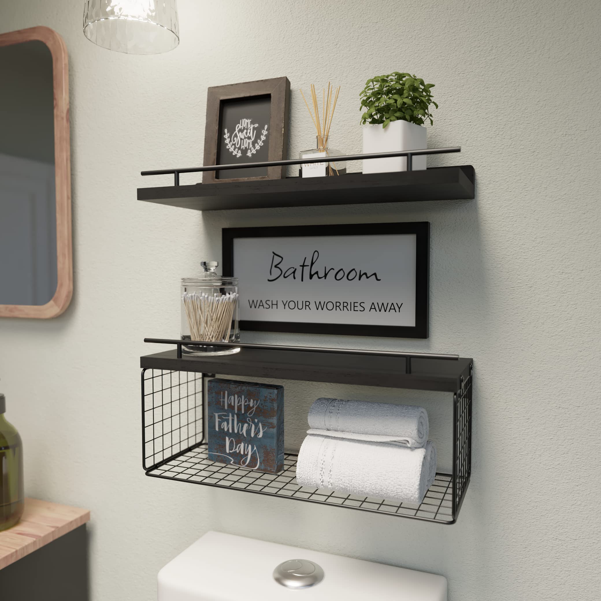 WOPITUES floating shelves with toilet paper basket keeps rolls accessible and dry