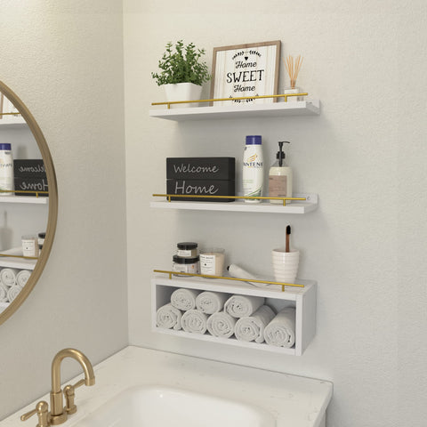 WOPITUES floating shelves wall-mounted rails demonstrate secure display for decor and towels.