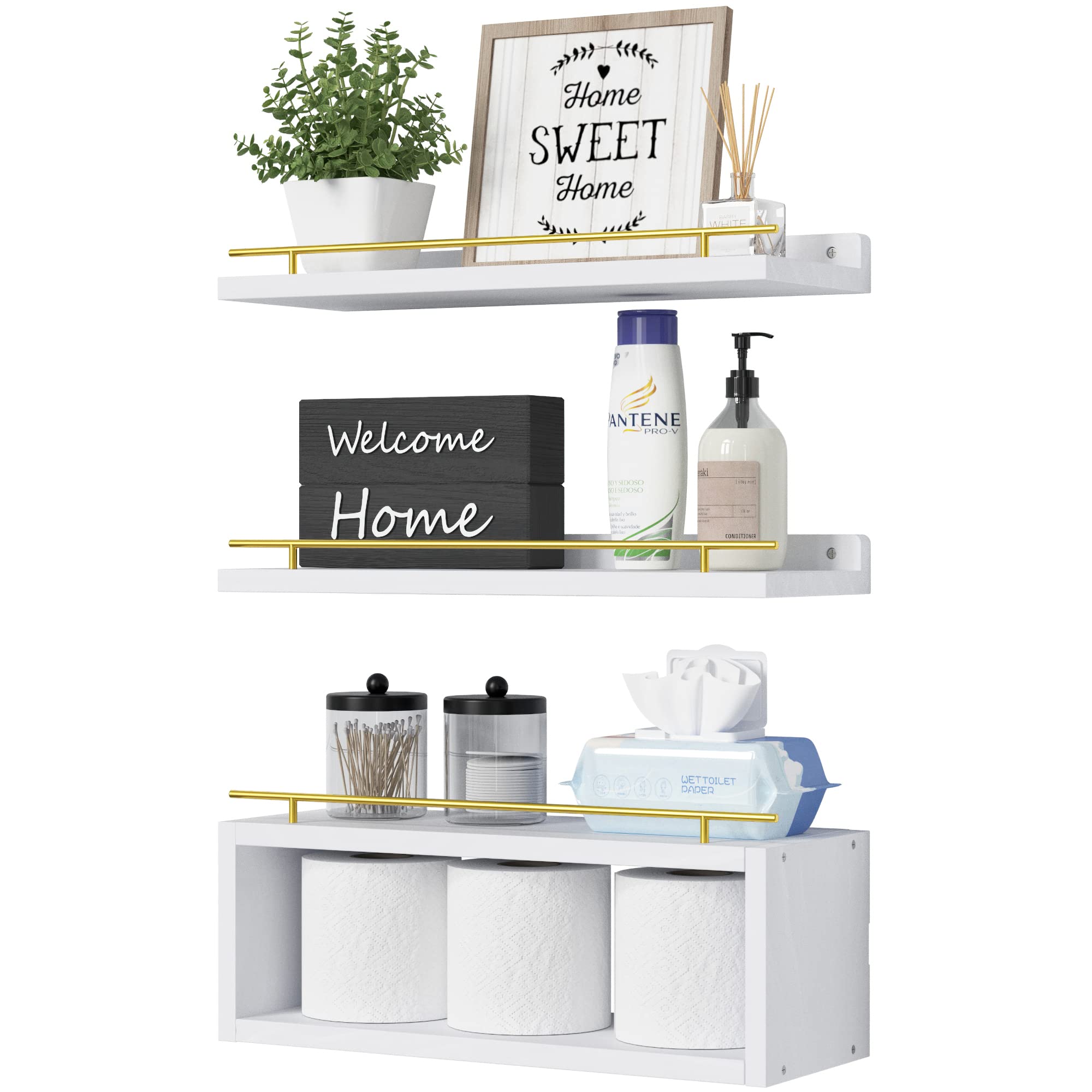 WOPITUES floating shelves with wall rails closeup for sturdy bathroom storage and organized surfaces.