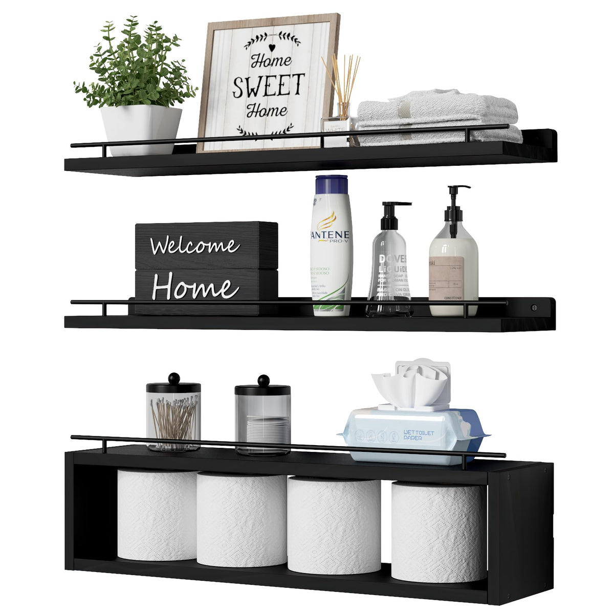 WOPITUES floating shelves on wall with cube, stylish daily storage.