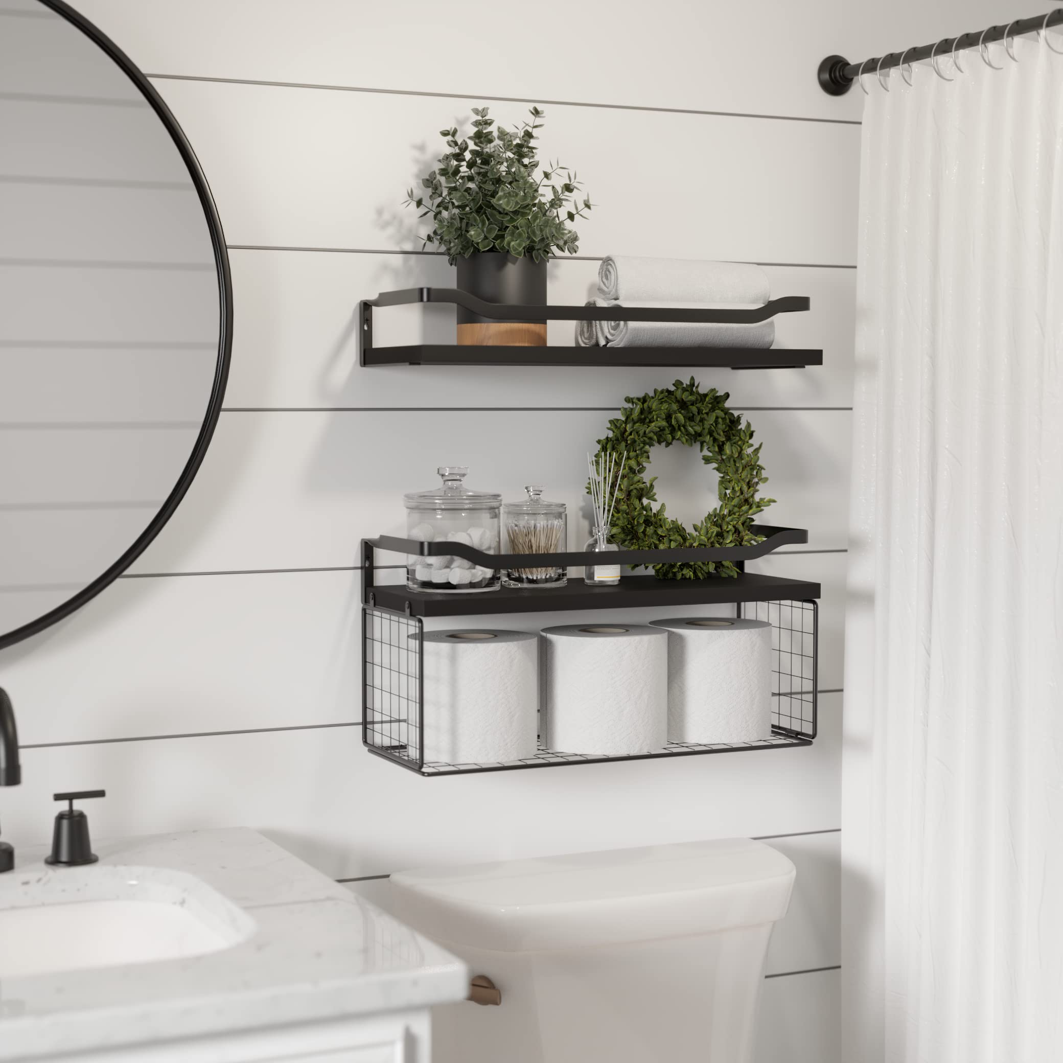 WOPITUES floating shelves with open-front wire basket for bathroom essentials