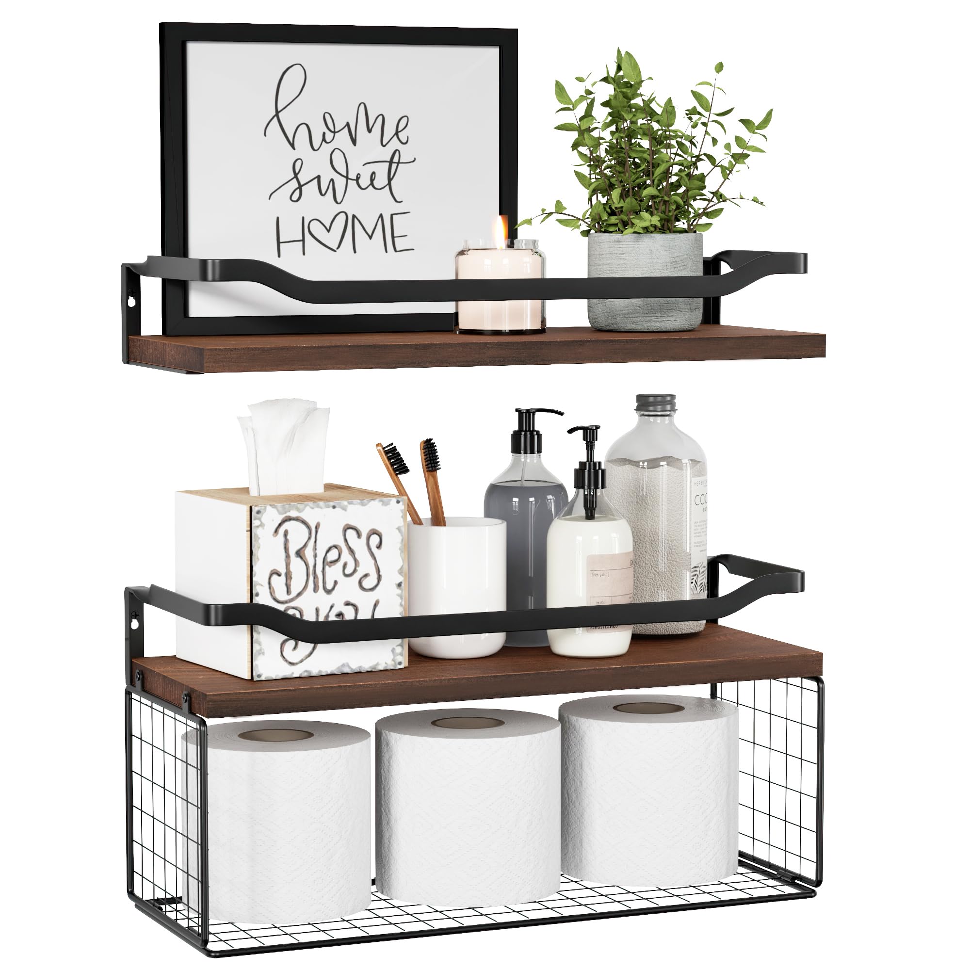 WOPITUES floating shelf over toilet with wire basket keeps toilet paper within reach