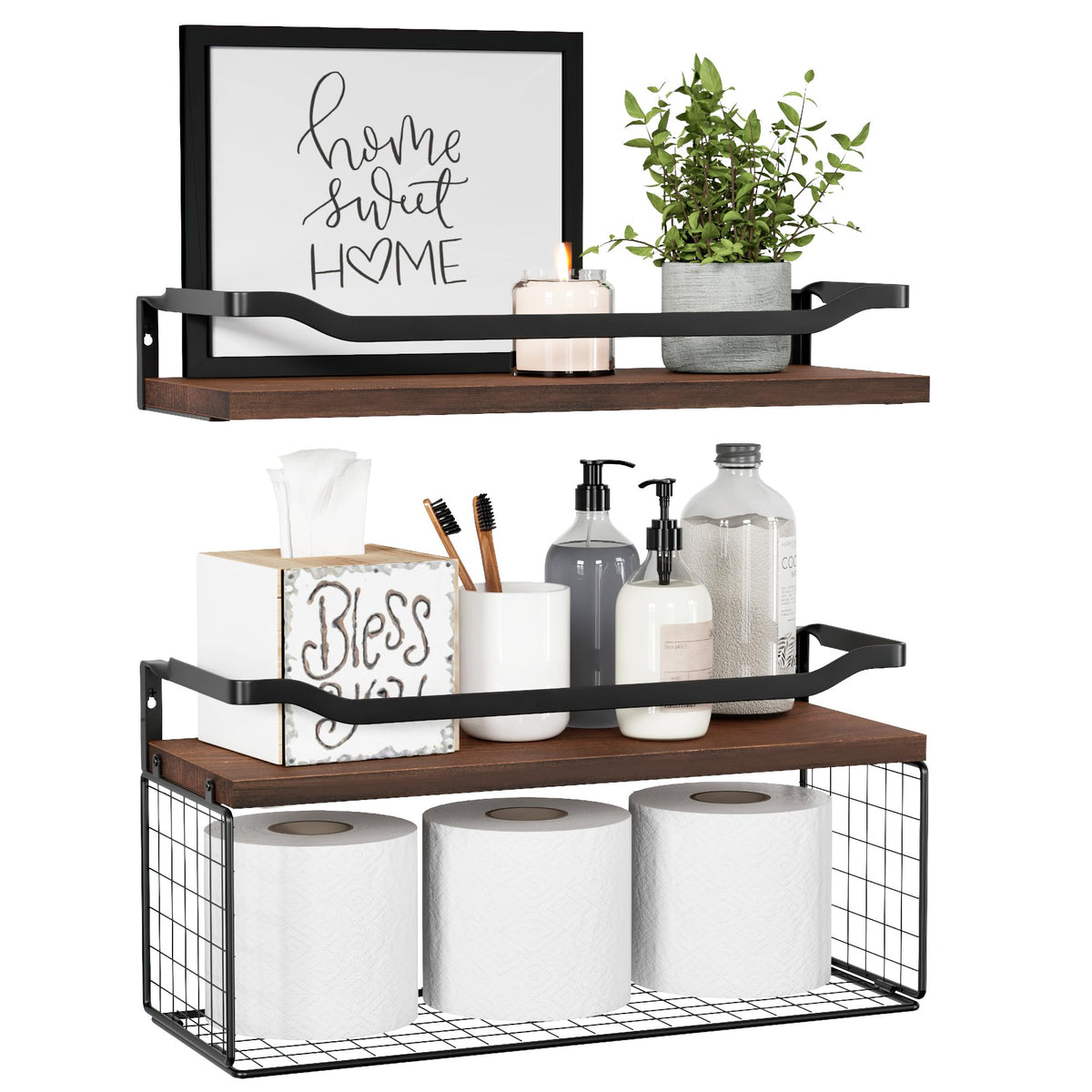WOPITUES floating shelf over toilet with wire basket keeps toilet paper within reach