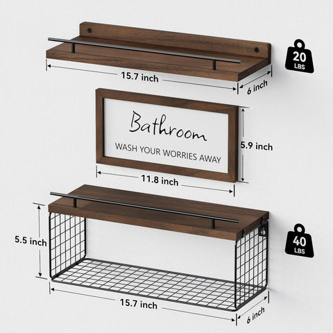 WOPITUES floating shelves with toilet paper basket keep three rolls handy and organized.