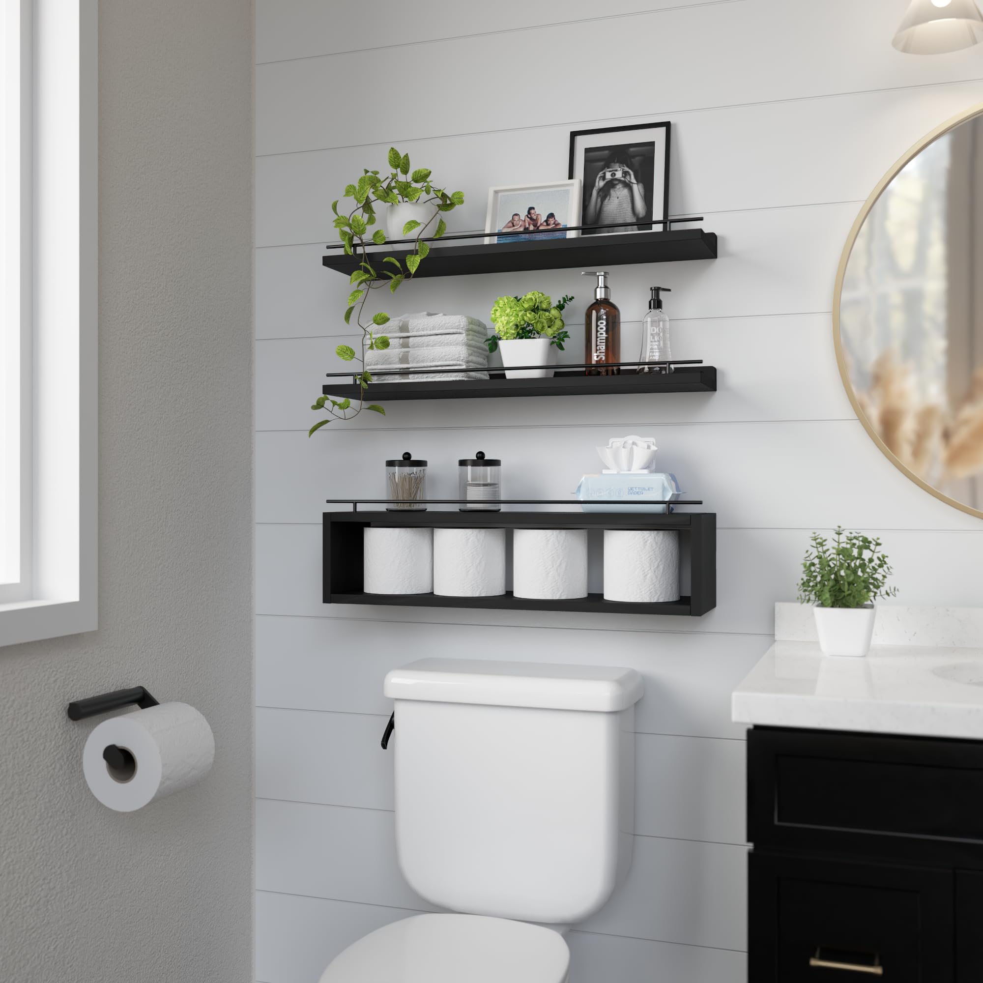 WOPITUES metal rail bathroom storage keeps items secure and organized.