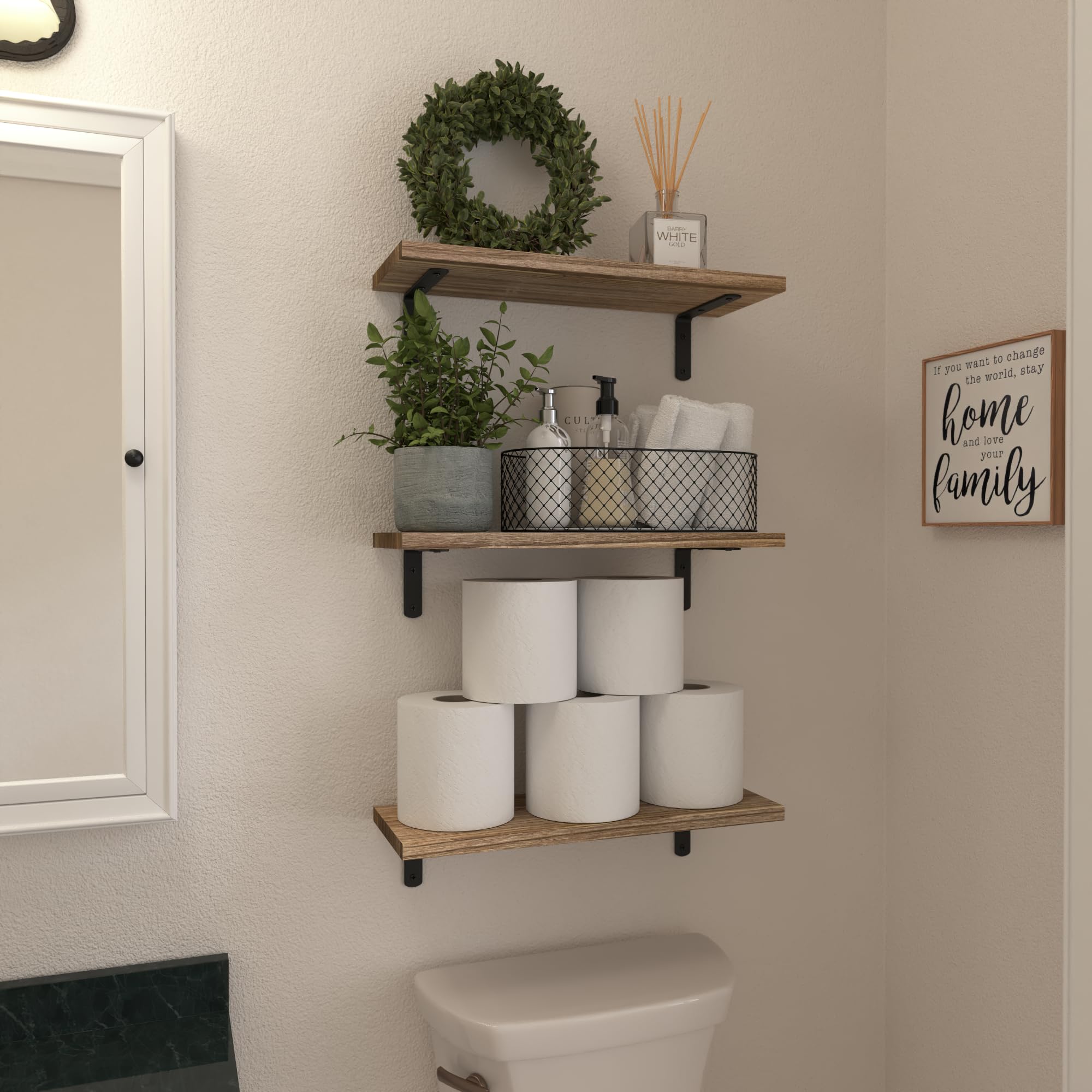 WOPITUES rustic farmhouse wall shelf displayed in a living room setup