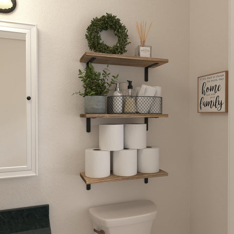 WOPITUES rustic farmhouse wall shelf displayed in a living room setup