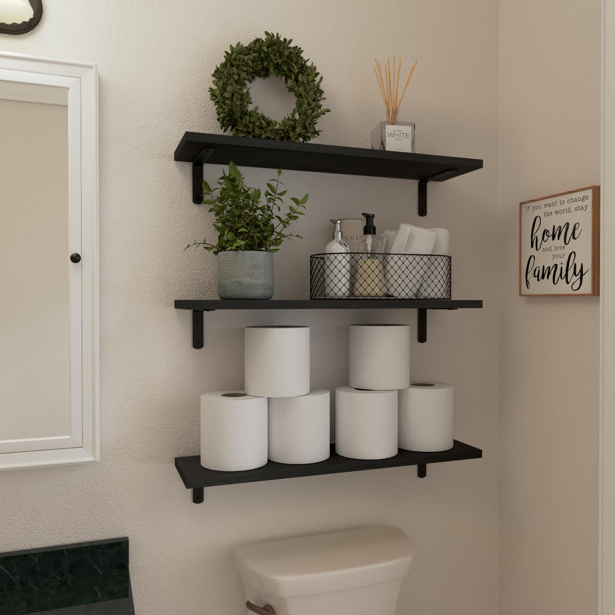 WOPITUES rustic shelf set highlights plants, books, and decor in living spaces.