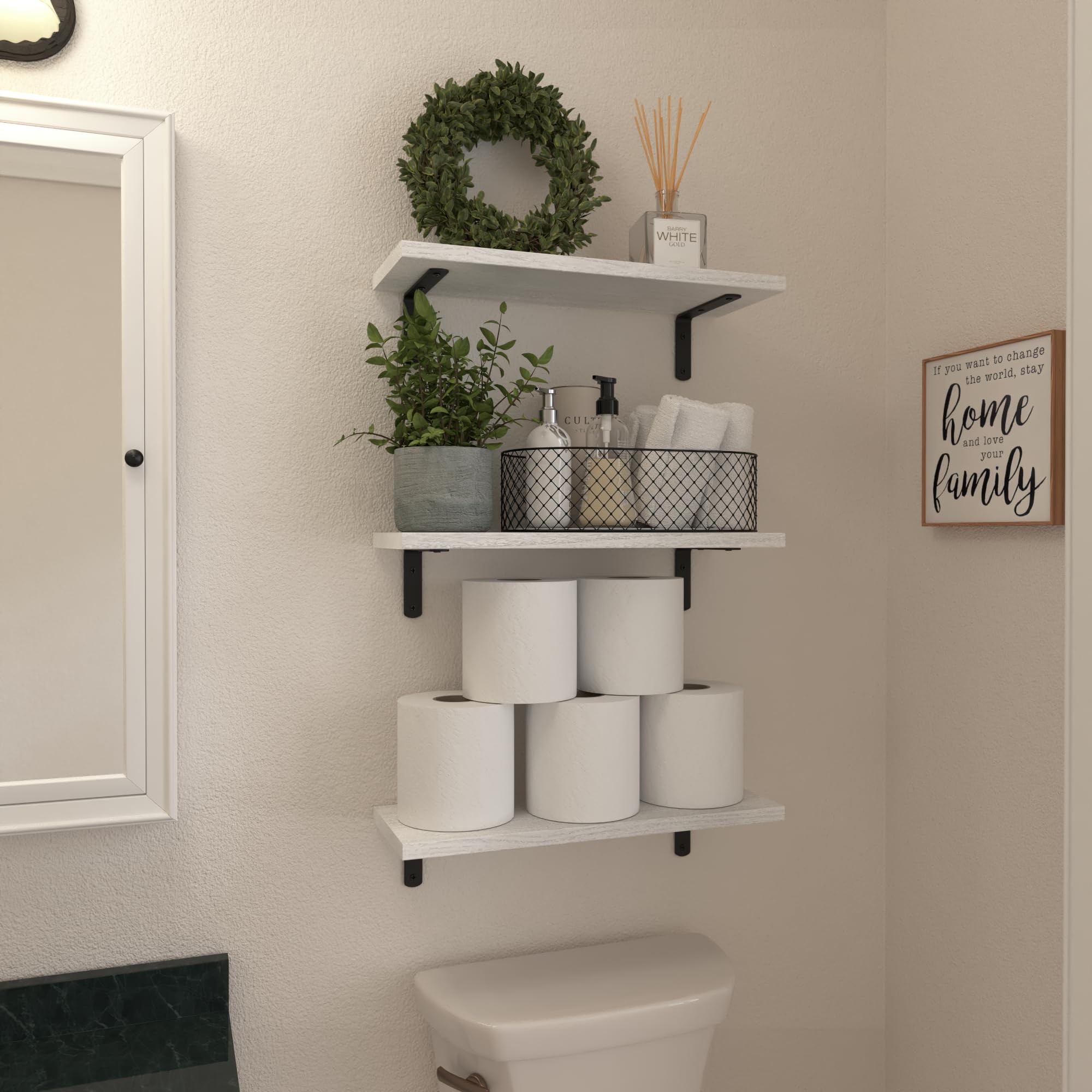 WOPITUES bedroom decor with white floating shelves showing natural grain