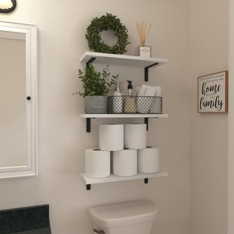 WOPITUES bedroom decor with white floating shelves showing natural grain