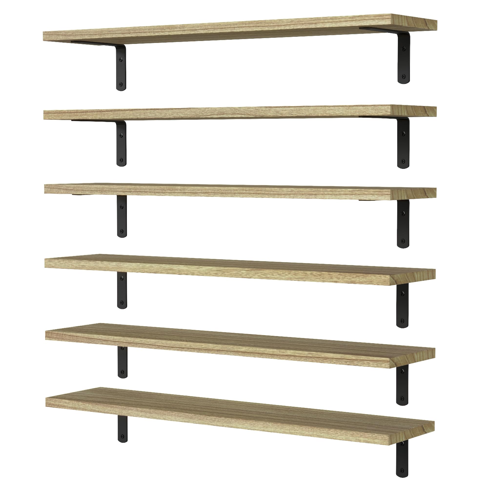 WOPITUES six wood floating shelves provide extra wall storage space.