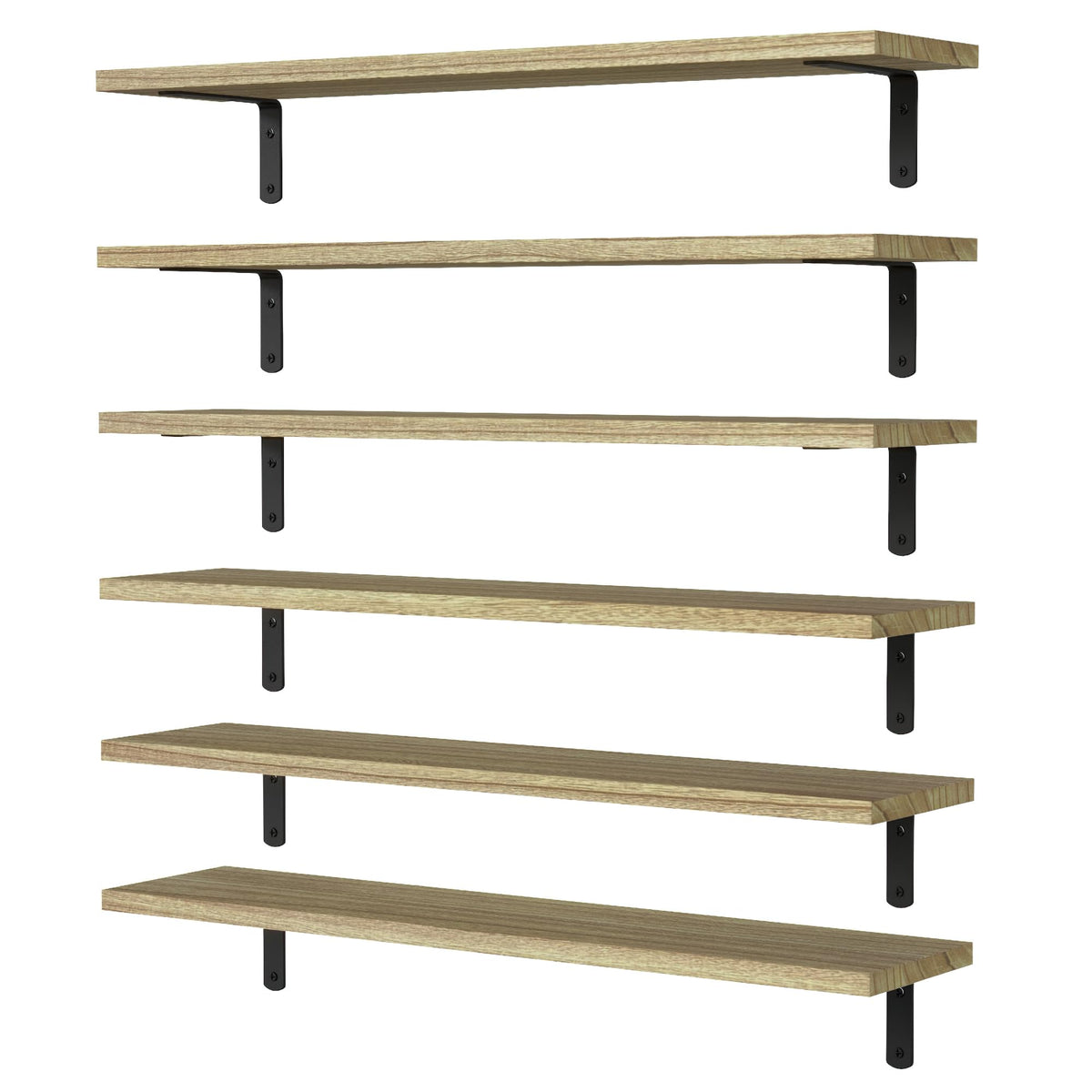WOPITUES six wood floating shelves provide extra wall storage space.