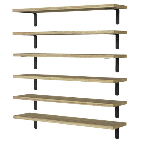 WOPITUES six wood floating shelves provide extra wall storage space.